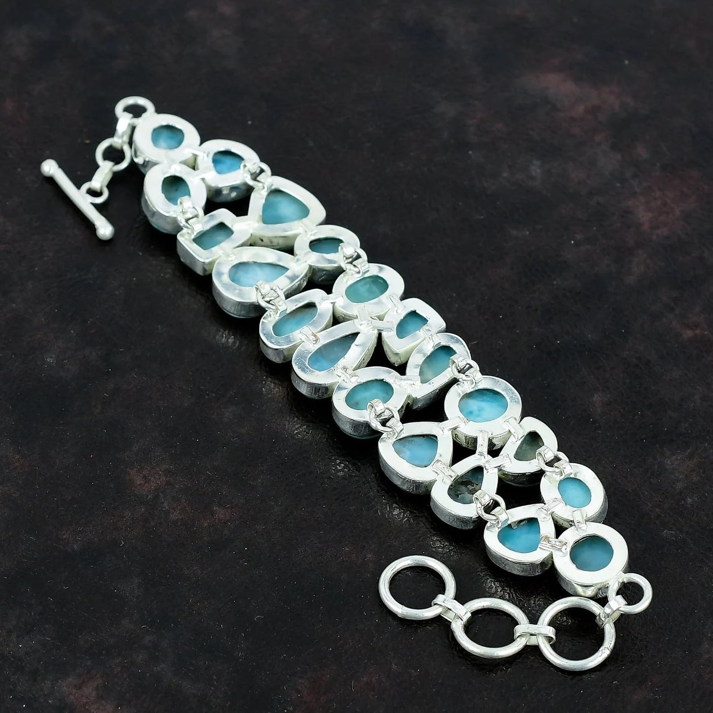 Solid 925 Sterling Silver Larimar Gemstone Bracelet – Natural Blue Larimar Stone, Women’s Stretch Silver Bracelet