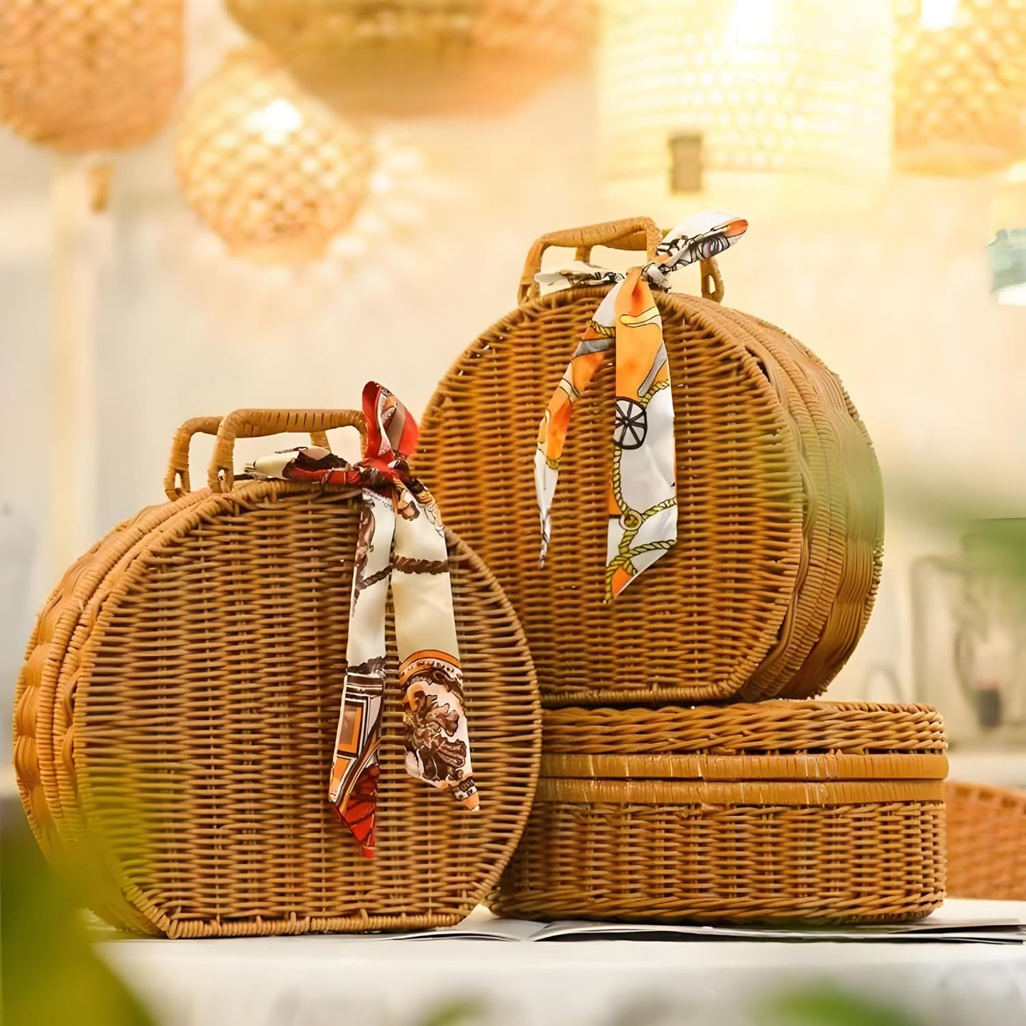 Vintage Rattan Basket, Round Woven Picnic Basket Purse with Handle Small Suitcase Retro Weaving Vine Weaving Carrying Case Gift Box for Beach, Travel & Daily Use. (M)