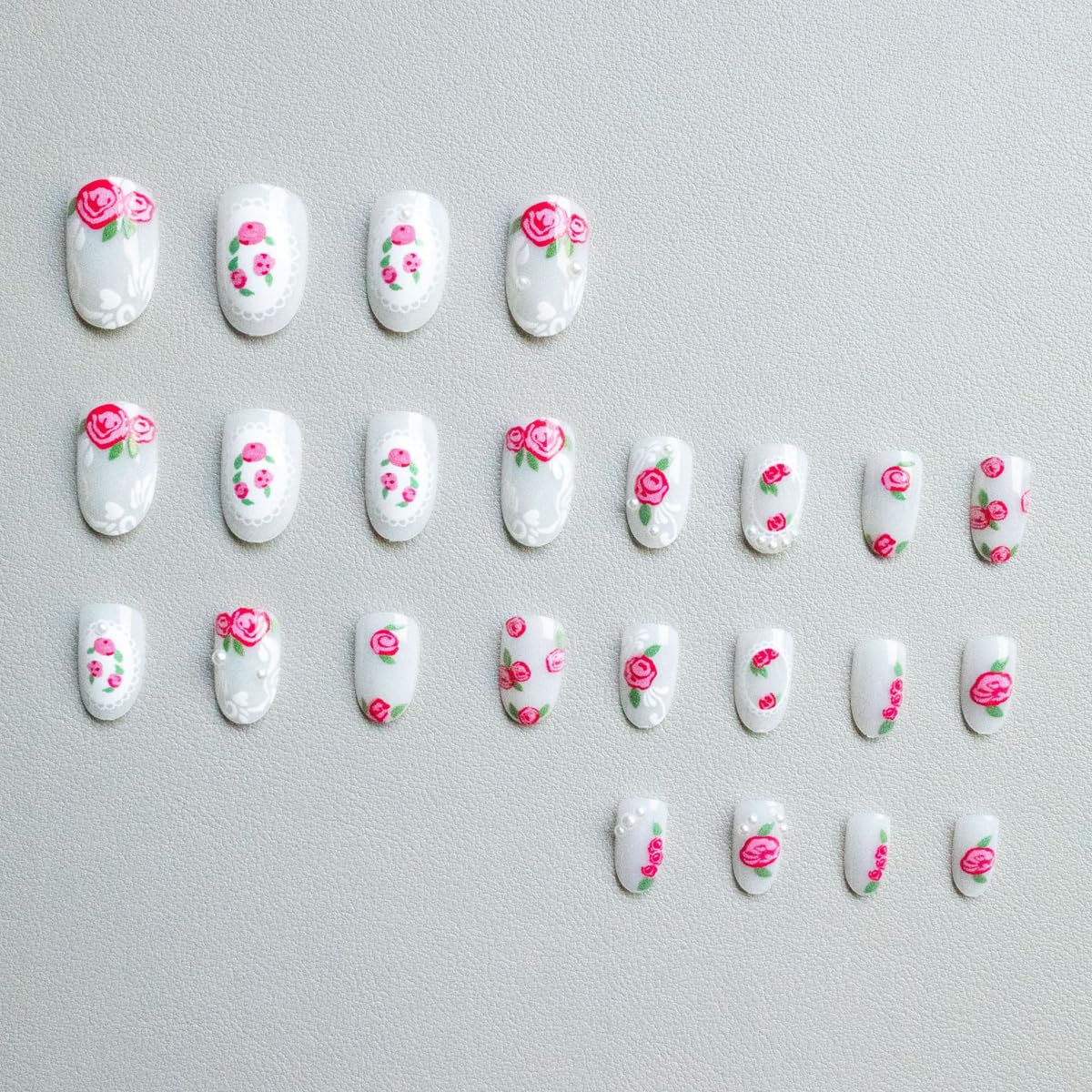 Spring Press on Nails Medium Oval Fake Nails Flower Nails Press ons with Pink Rose Design,Cute Reusable Artificial Nail Full Cover Stick on Nails for Women Manicure 24Pcs