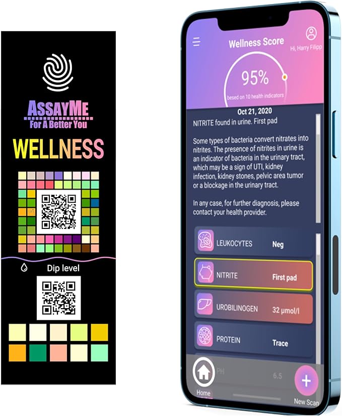 Wellness Urine Home Test Strips with Mobile App. Home Kidney Test Illustrated of Your Health Based on pH, Keto, Protein end More. UTI test strips for women. Urinalysis Test Strips. Liver Test.