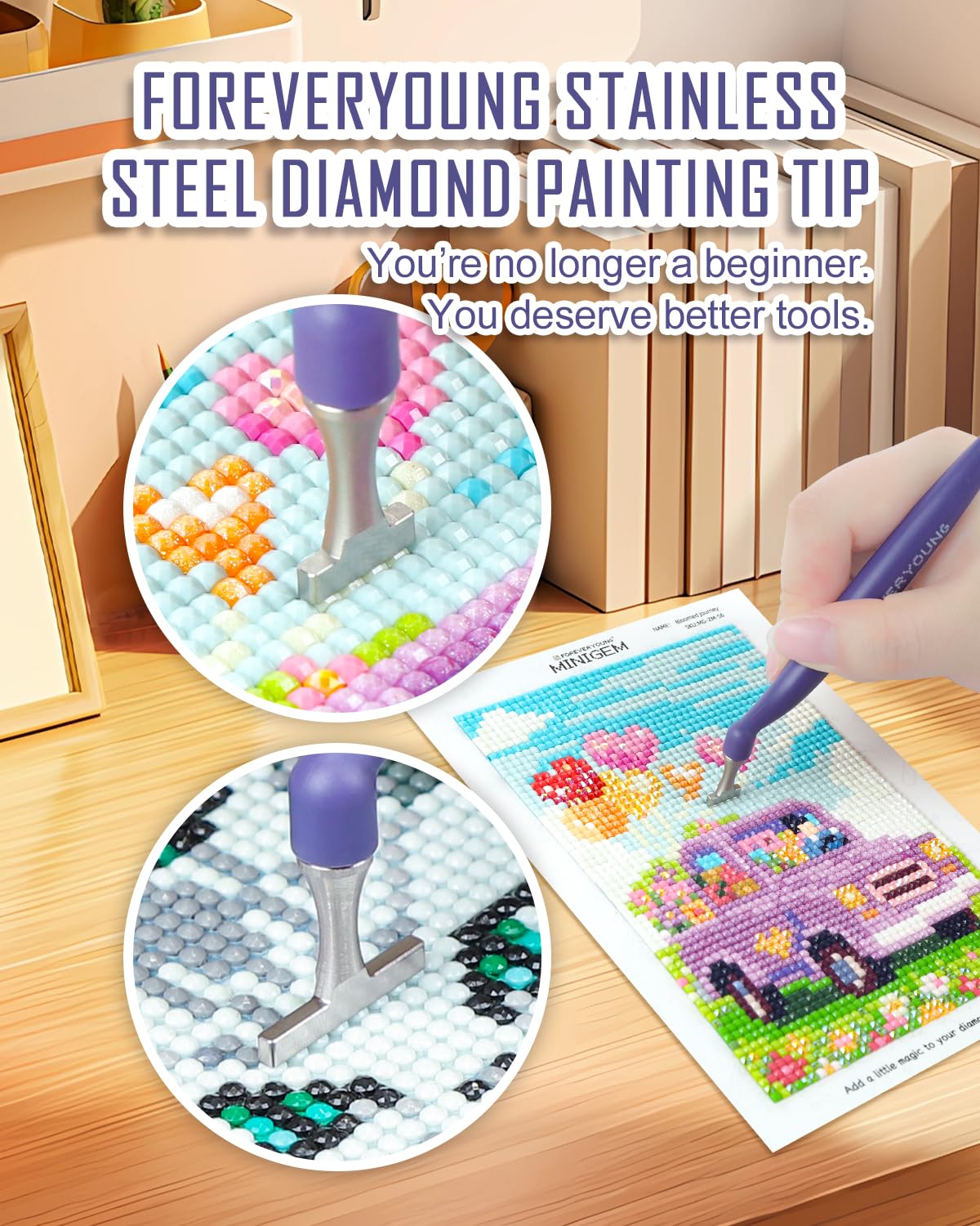 ForeverYoung Stainless Steel Diamond Painting Pen Tips Kit, Unbreakable, Shape-Stable, Thin, Diamond Art Accessories and Tools, Multi-Size Drill Placement, Includes Pen and Three Drill Tips (1&4&8)