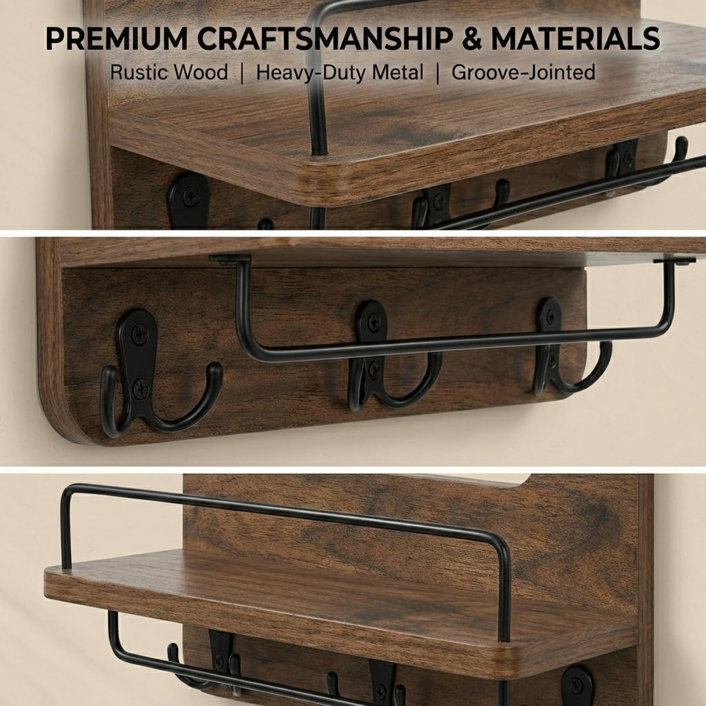 REFGY Key Holder for Wall with Shelf - 5.1" Deep Large Mail Organizer Wall Mount with 3 Heavy-Duty Dual Hooks & Safety Guardrail - Rustic Wood Wall Shelf for Entryway, Kitchen, Office