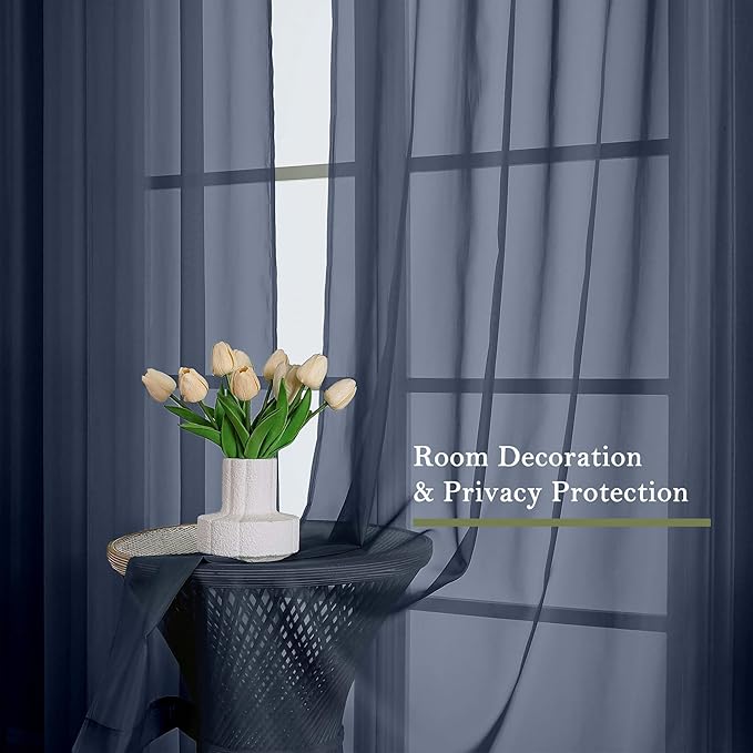 Lecloud Navy Blue Sheer Curtains 90 Inches Long 2 Pcs, Soft Airy Light Filtering Home Decor Living Room Curtains for Bedroom, Rod Pockets Window Treatments Solid Drapes, Each Panel 59" W x 90" L