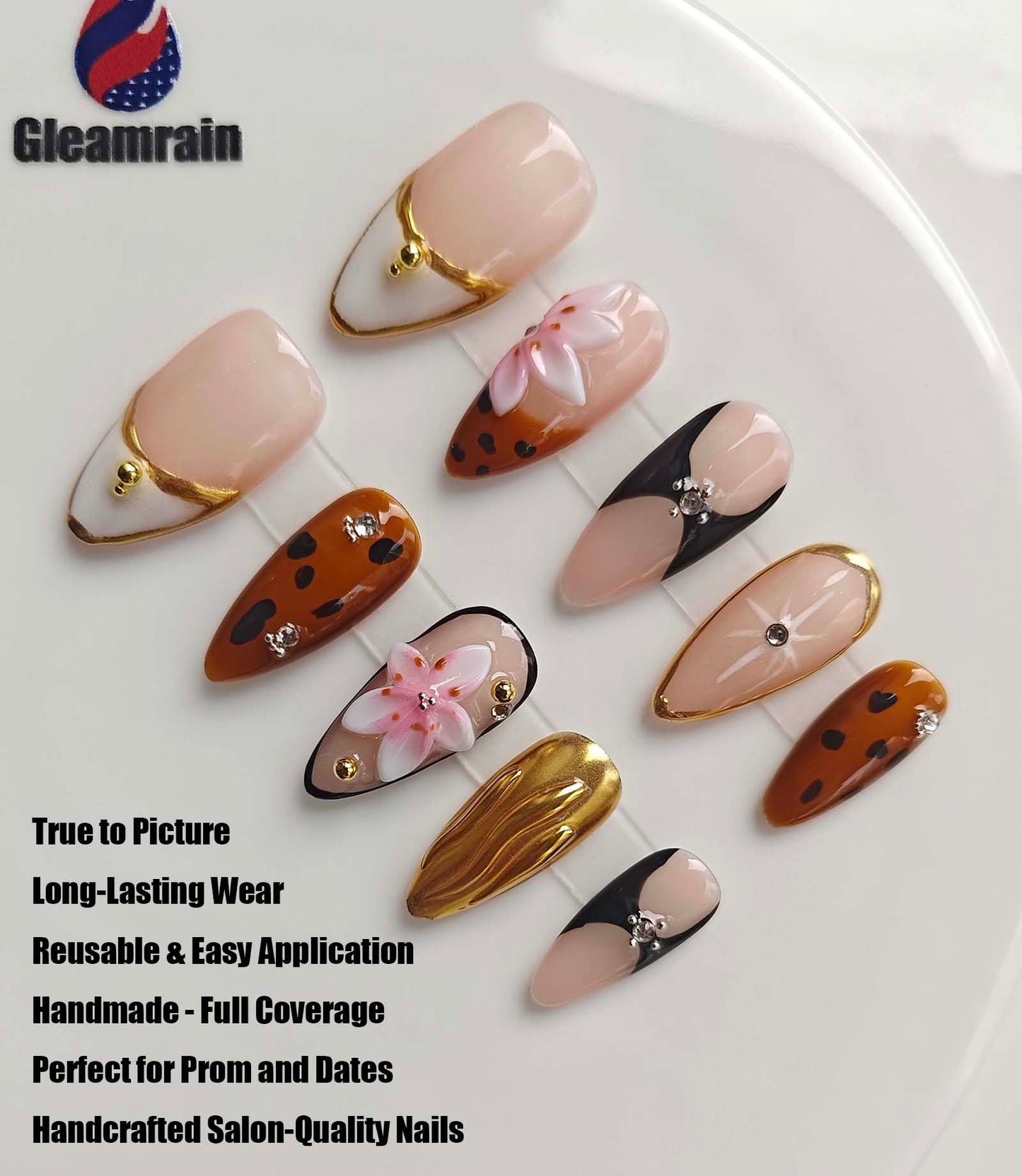 Gleamrain Handmade Press on Nails Almond Shape M Size/Gleamrain Luxury Medium Hand Made Nails with Design for Women 10Pcs by P06