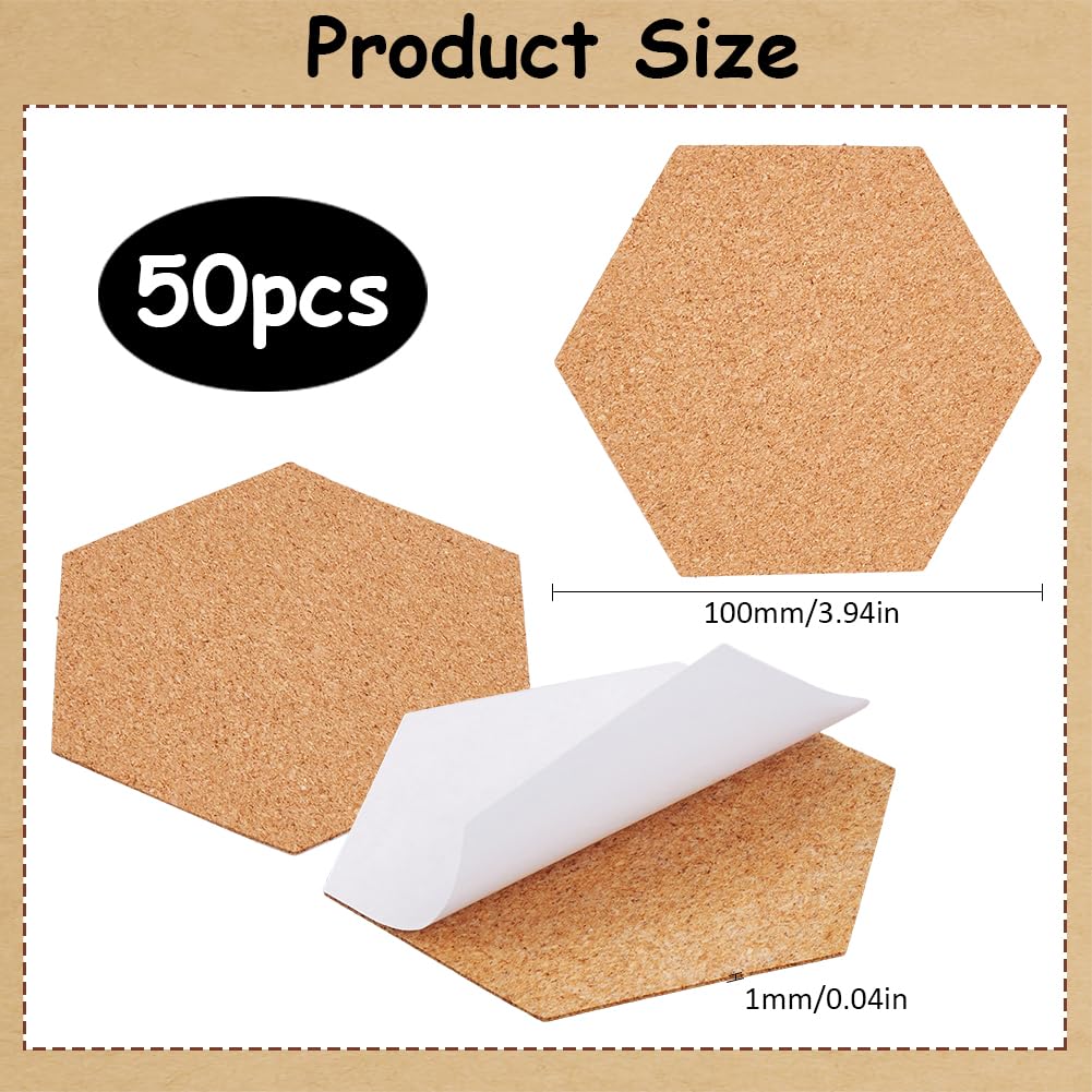 SOFPLATE 50Pcs Self Adhesive Cork Board Backings Cork Coaster Bottoms 4 Inch Hexagon Thin Cup Mat Coasters Backs Sheets Tiles for Thin Drinks Coasters Cork Board Supplies DIY Crafts Making Decoration