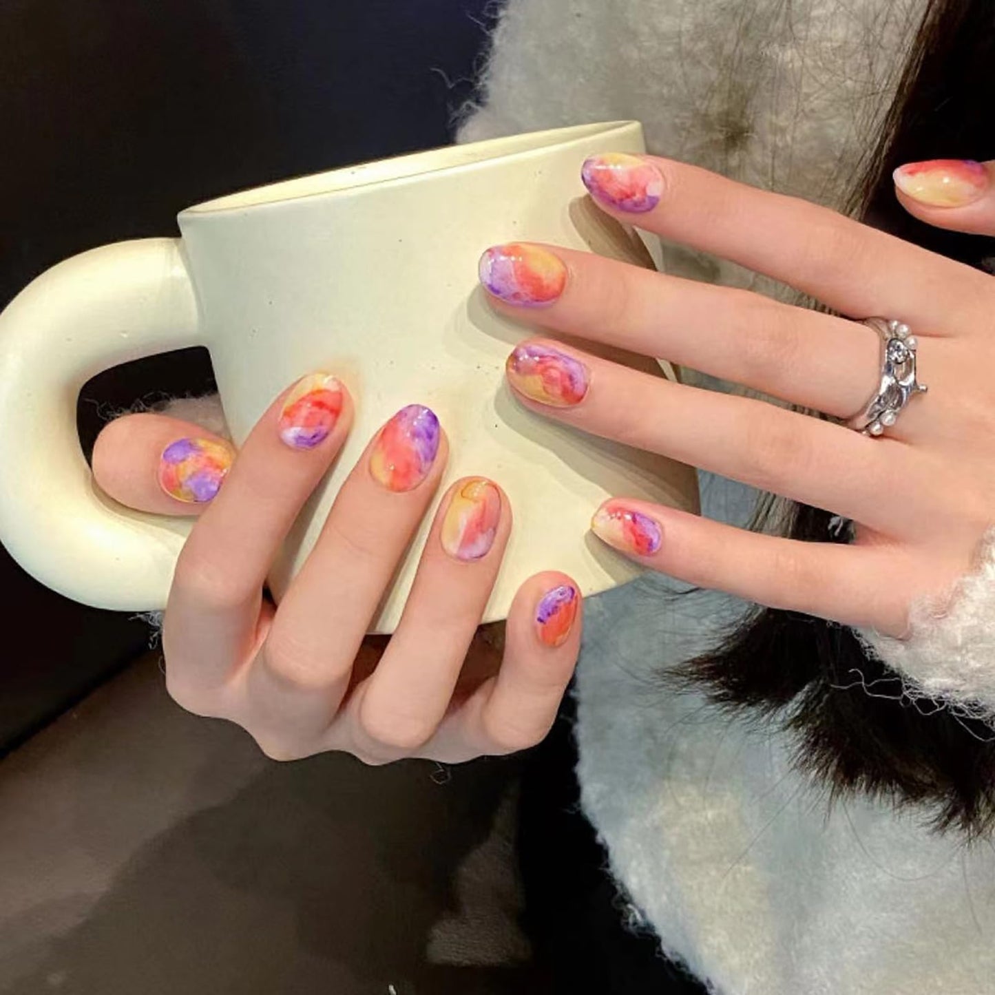 Yacey Handmade Press on Nails Short Oval, Colorful Abstract Marble Reusable False Nails Press Ons, Thick Acrylic Fake Nails, Luxury Glow Glue on Nails for Women Girls (10 Pcs, M)