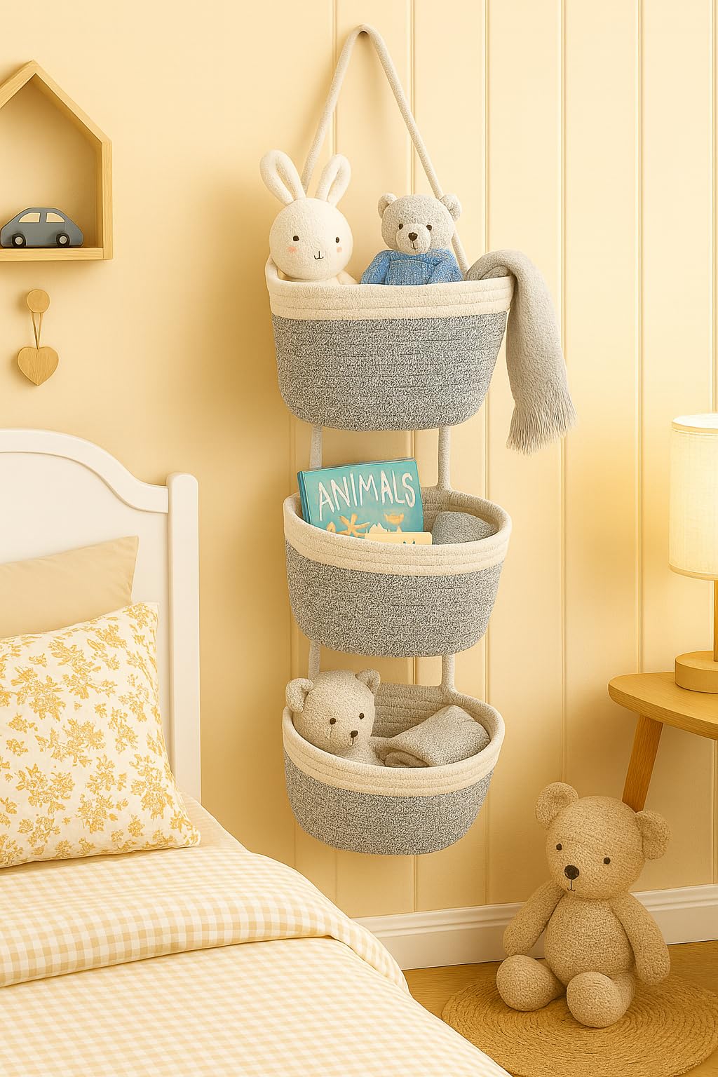 Japanese Handmade Cotton Rope Hanging Basket Organizer – 3 Tier Wall boho Storage Organizer for Toys , Snacks & Décor – Eco-Friendly Coiled Weaving Craft, Housewarming & Shower Gift (White&beige)