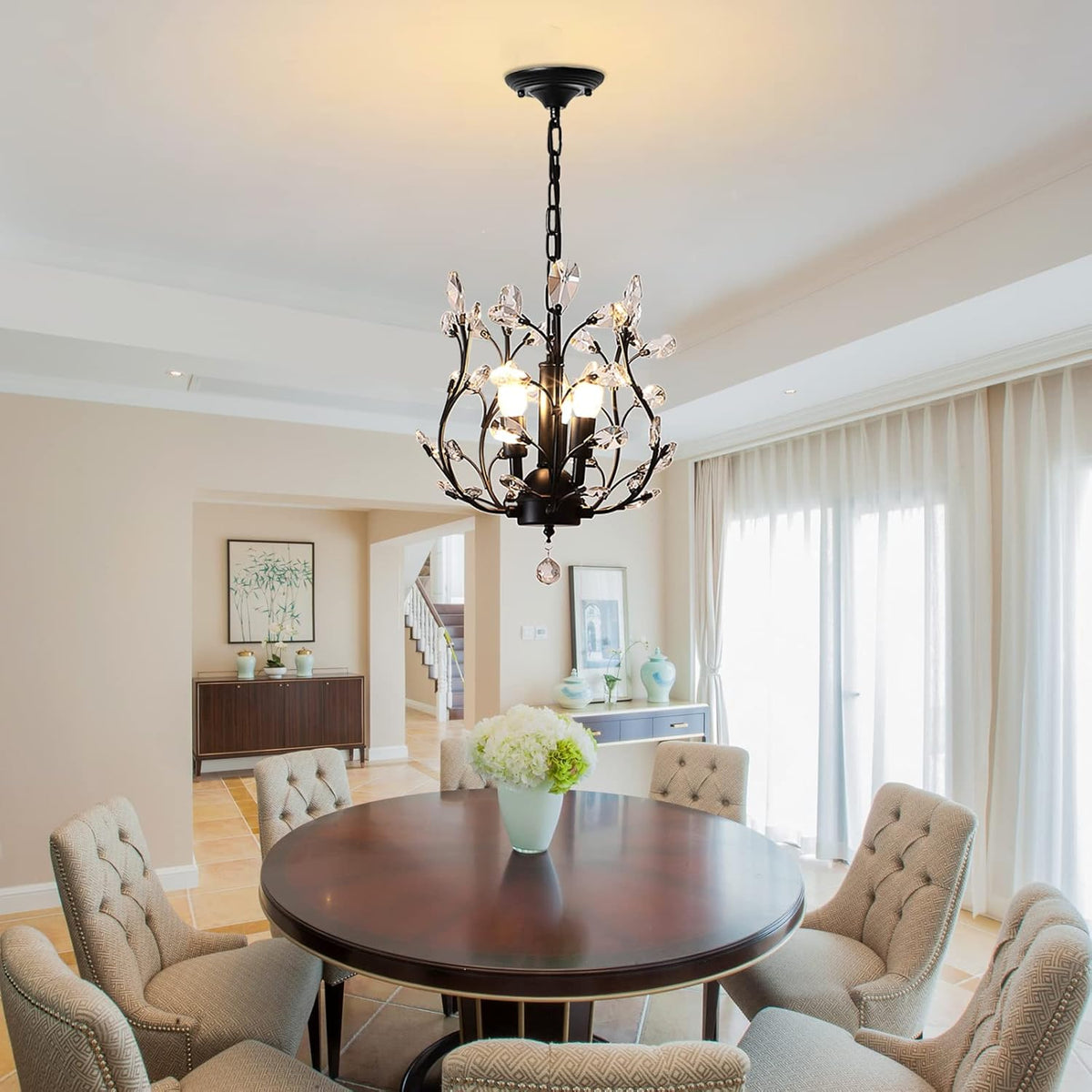 Ganeed Vintage K9 Clear Crystal Chandeliers,Ceiling Lighting,Pendant Lighting Flush Mounted Fixture with 3 Light for Living Room Dinning Room Restaurant Porch Hallway (Black)