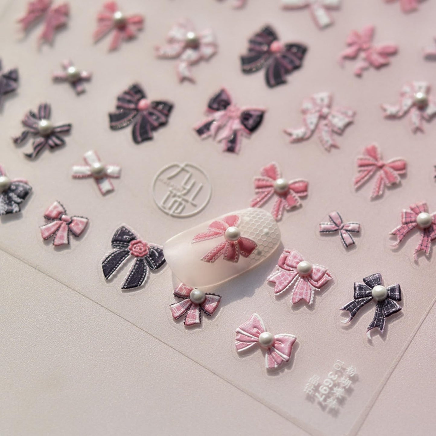 5D Embossed Bow Nail Stickers Pink Black Pearl Bow Tie Design Self-Adhesive Nail Decals Sweet Girly Manicure Decorations for Women DIY Nail Art
