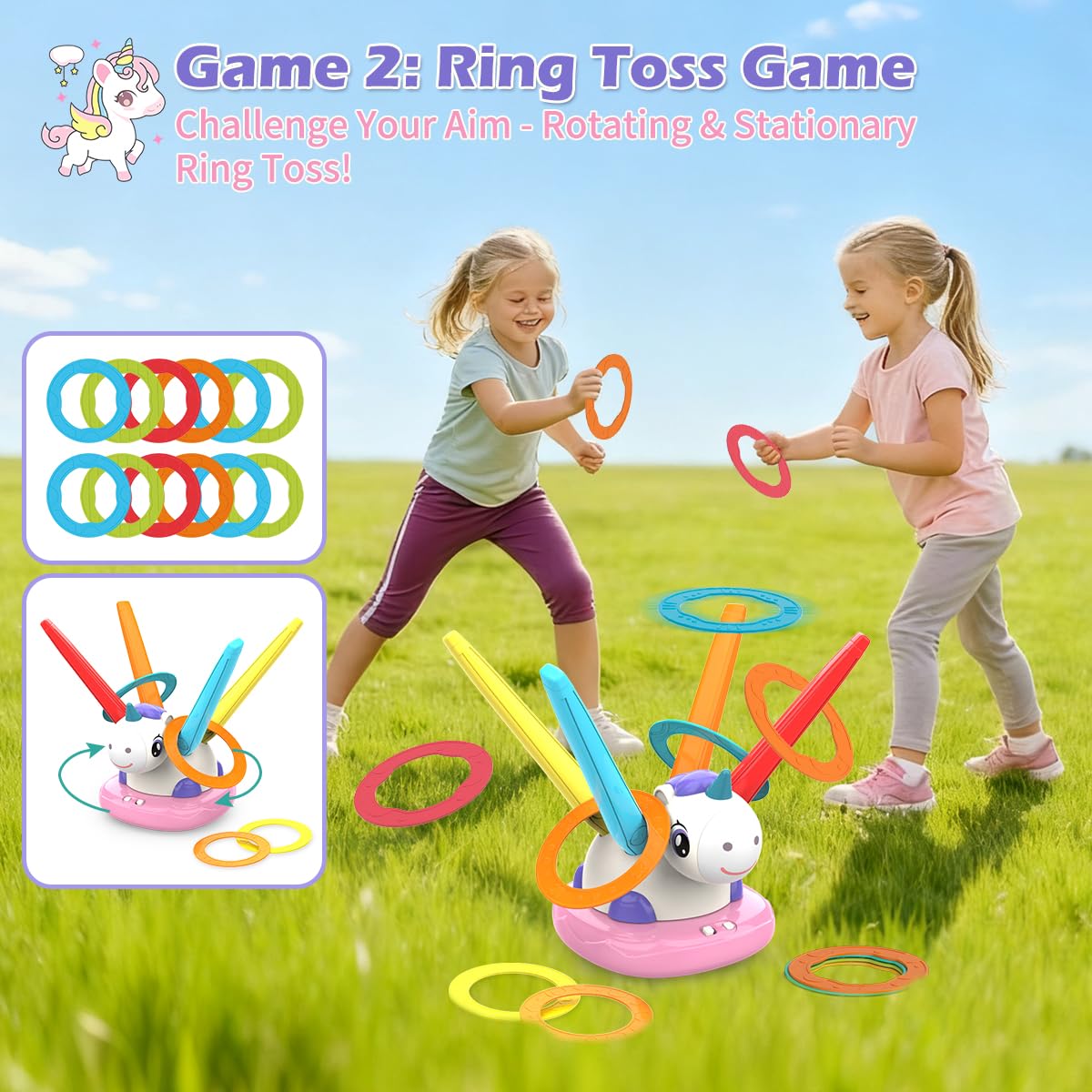 RUIDYA 3 in 1 Musical Jump, Toss Ring Game and Stomping Launch Unicorn Rocket Launcher for Kids Outdoor Toys with Remote Control, Indoor Outside Toy for Kids Ages 3-8