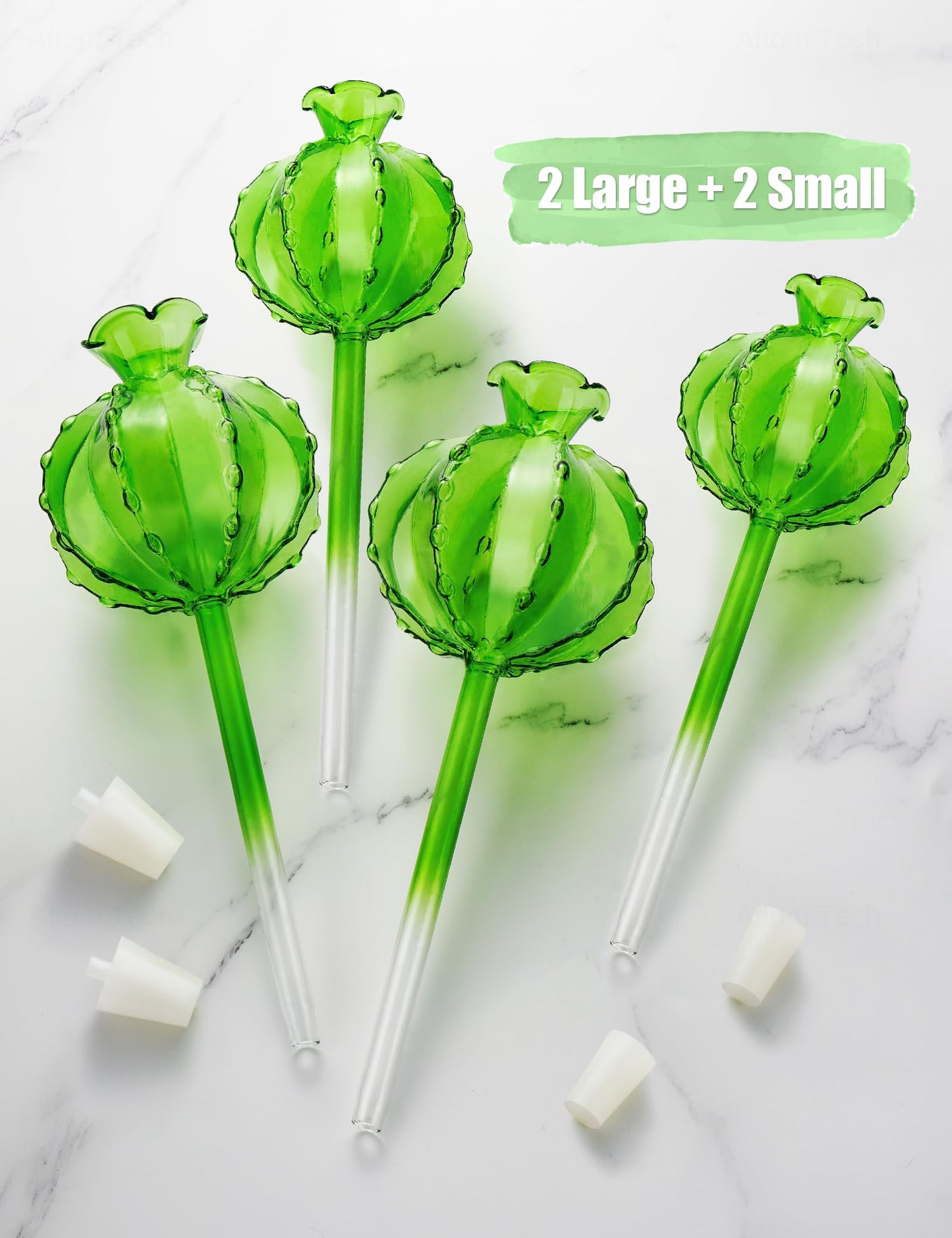 NiHome (2 Small + 2 Large) Plant Watering Globes 4-Pack, Glass Waterer for Potted Plants, Green Glass Cactus Self Watering Globe, Automatic Mini Irrigation System