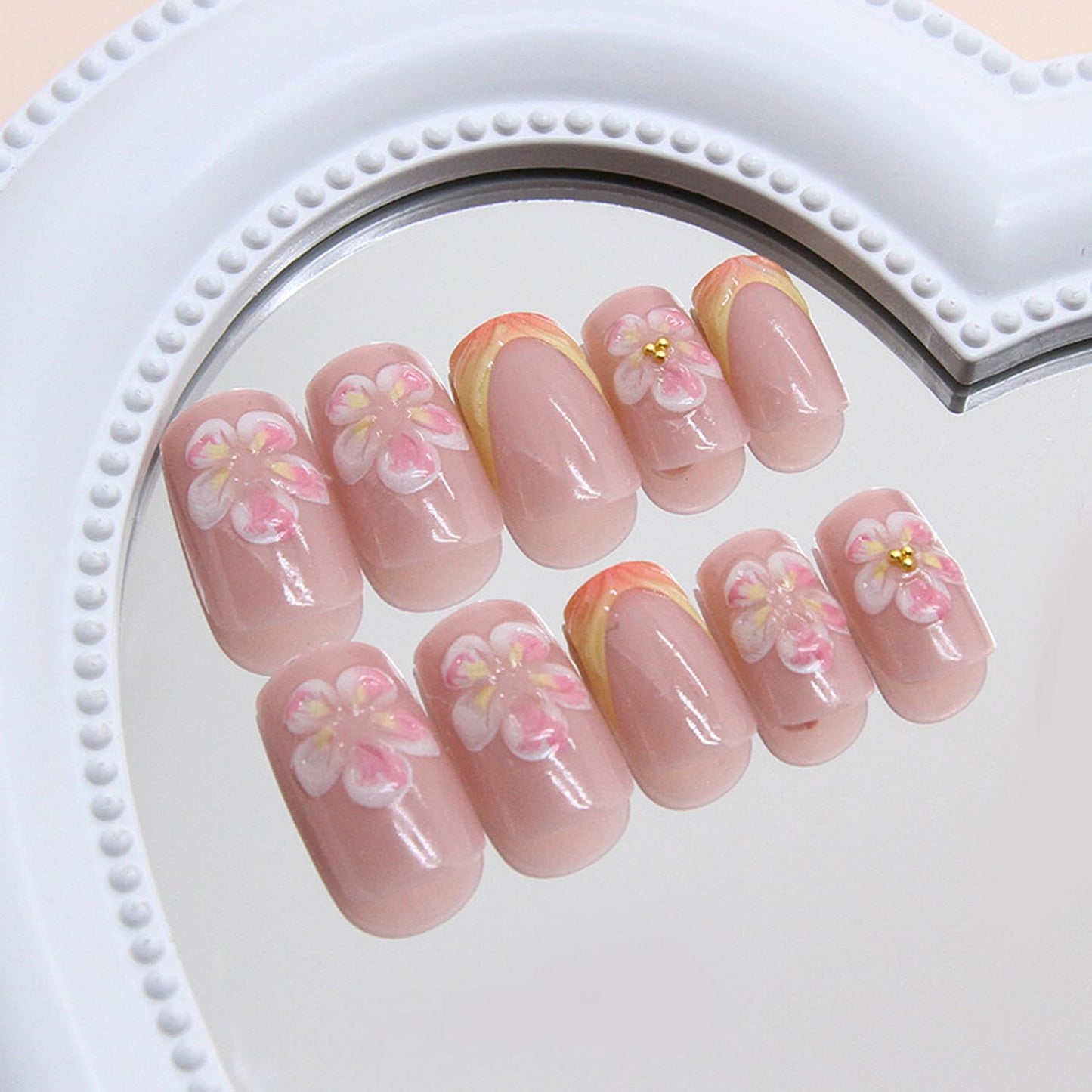GRITOSE Pink Square Press-On False Nails with 3D Flower Design, 24 Pcs Set, Glossy Finish, Full Cover, Reusable, Summer Nails Art Kit for Women & Girls