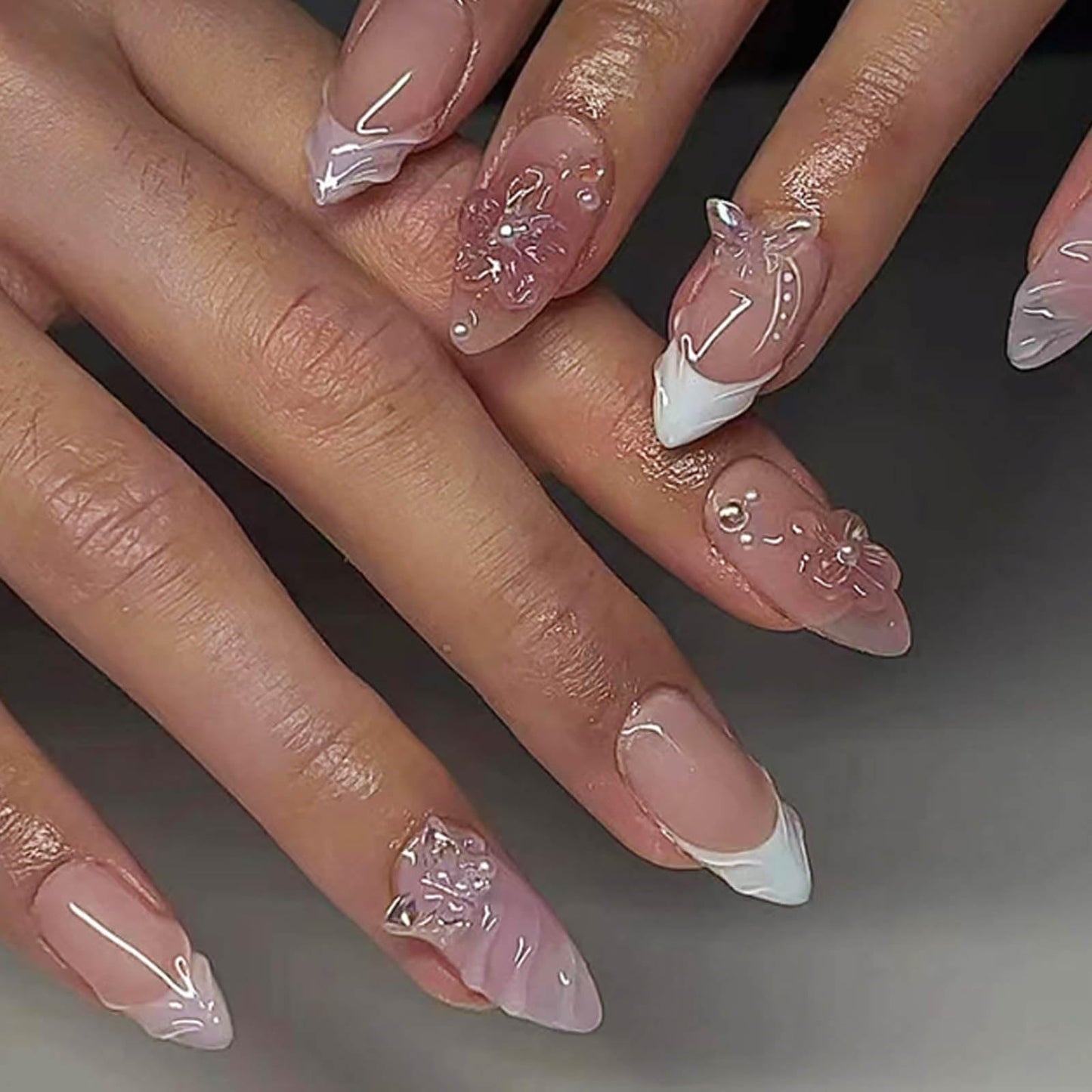 Hkanlre Almond Fake Nude Nails Tips Full Cover False Medium Nails Summer Flower Press on Nails for Women 24PCS