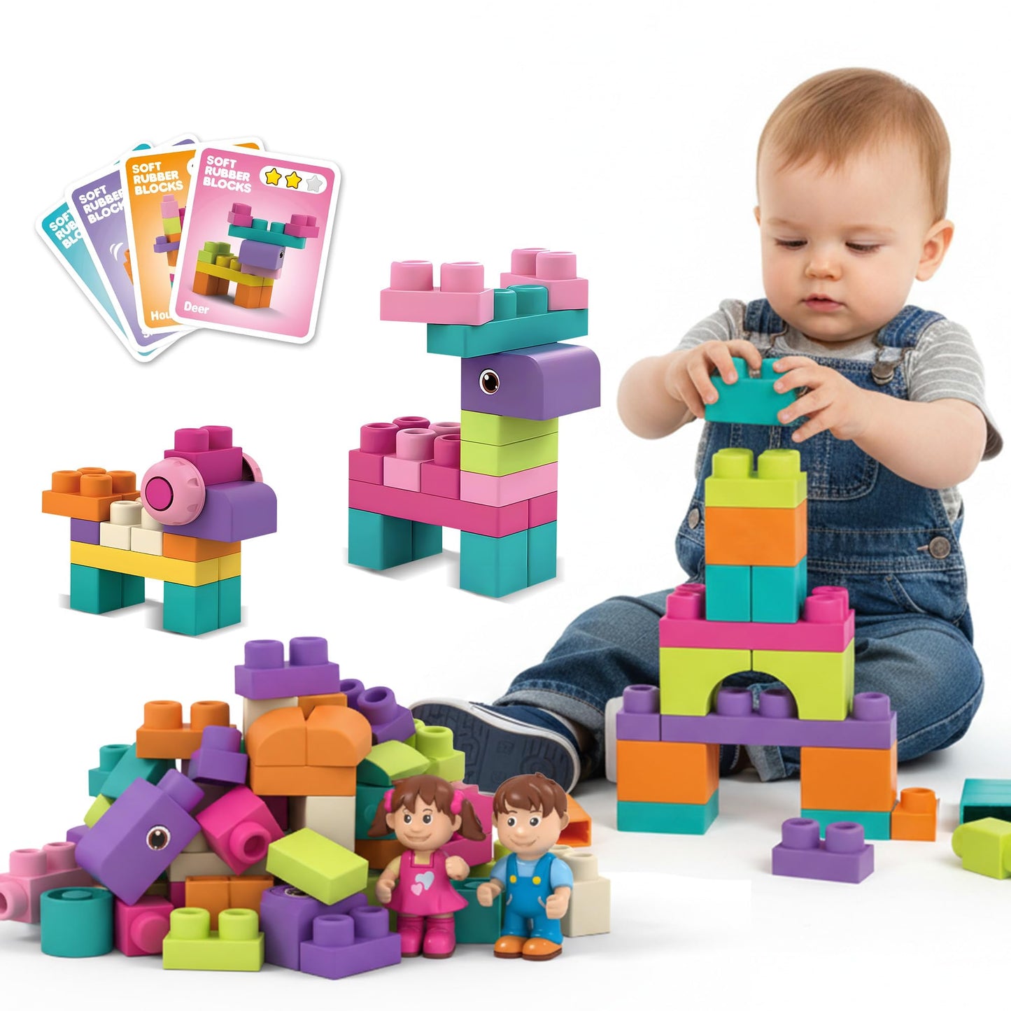 ROHSCE Soft Building Blocks for Toddlers, Stacking Blocks for Babies 6 Months and Up STEM Toddler Gifts, Large Construction Block Set Rubber Blocks Bag with 42 Pieces and Storage,Gift for Easter