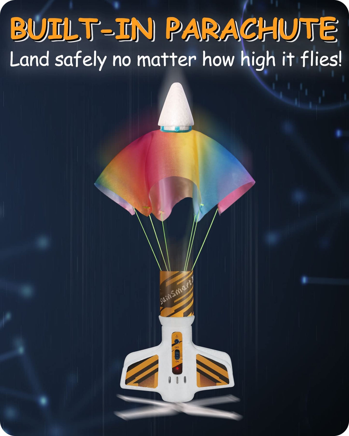 SainSmart Jr. Rocket Launcher for Kids - Motorized Air Rocket Launch up to 200 ft, Safely Land with Parachute, Self-Launching Outdoor Toy, White