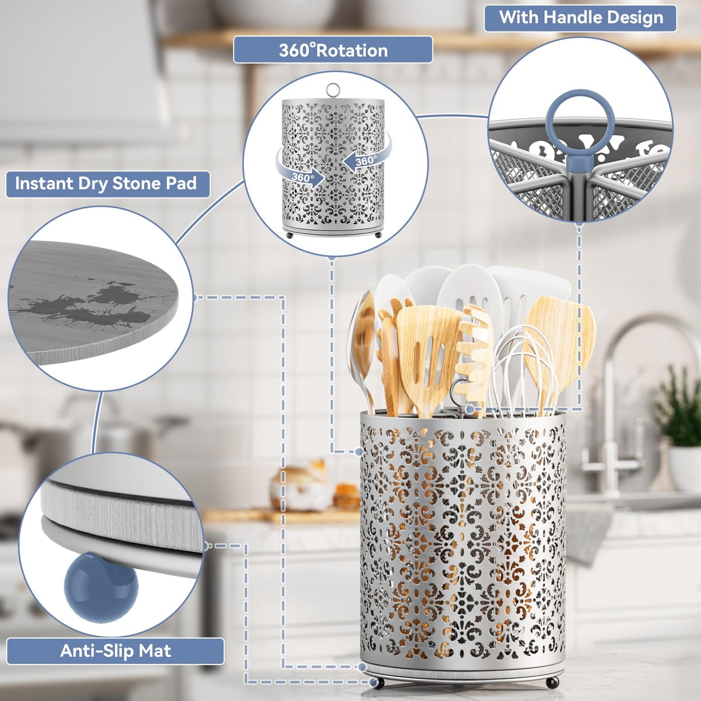 YIUKEA Extra Large Utensil Holder - 360° Rotating Cooking Utensils Caddy Countertop Organizer with Instant-Dry and Removable Base for Kitchen Tools