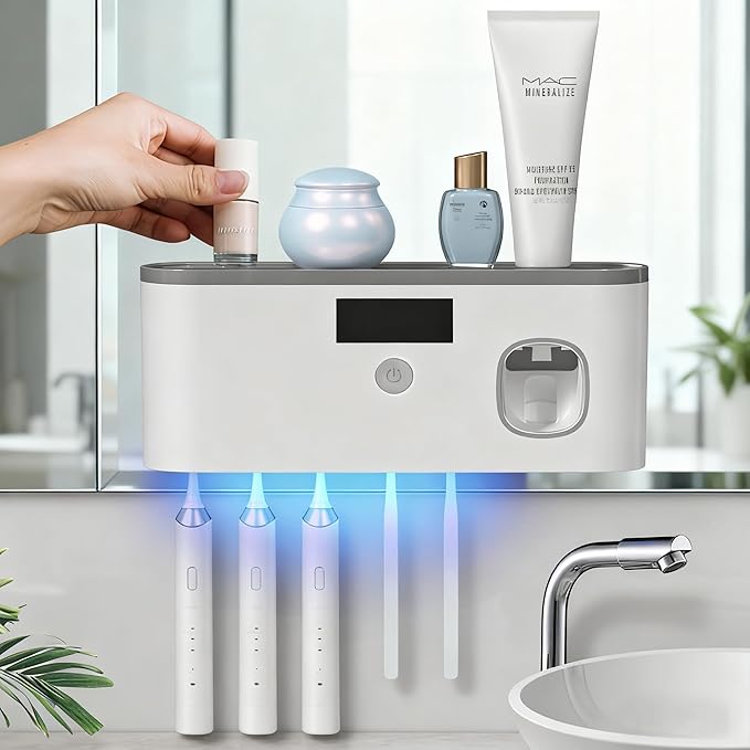 Toothbrush Holders for Bathrooms, Toothbrush Holder Wall Mounted with Toothpaste Dispenser Bathroom Solar Charging and No Drilling Required Tooth Brush Holder with 5 Brush Slots（Gray）