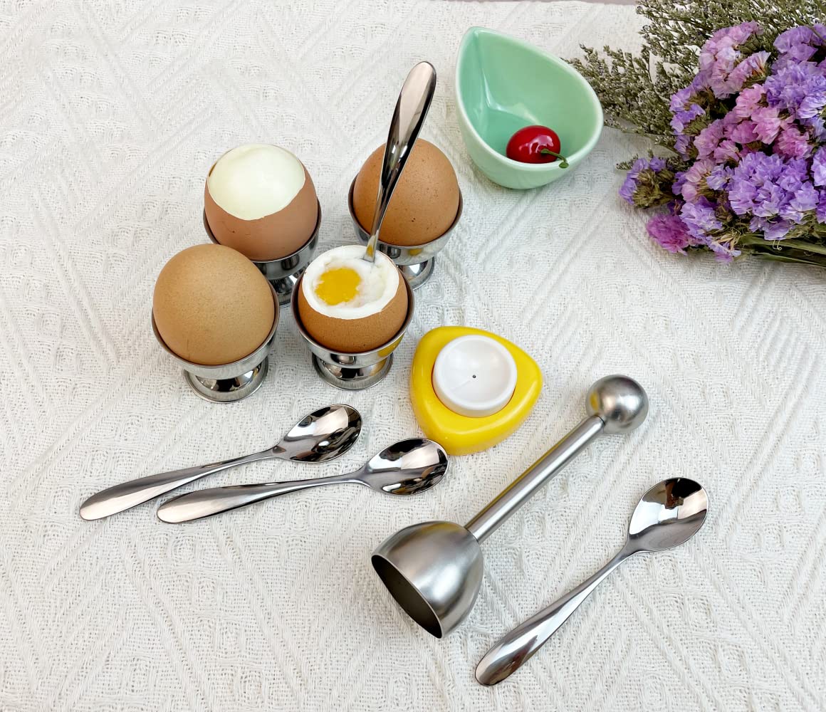 10 Pcs Egg Cups for Soft Boiled Eggs, Jawbush Egg Cracker Topper Set for Raw Hard Boiled Eggs, 4X Egg Spoons, 4X Egg Cups, 1x Magnet Egg Piercer, 1x Stainless Steel Egg Topper Egg Guillotine