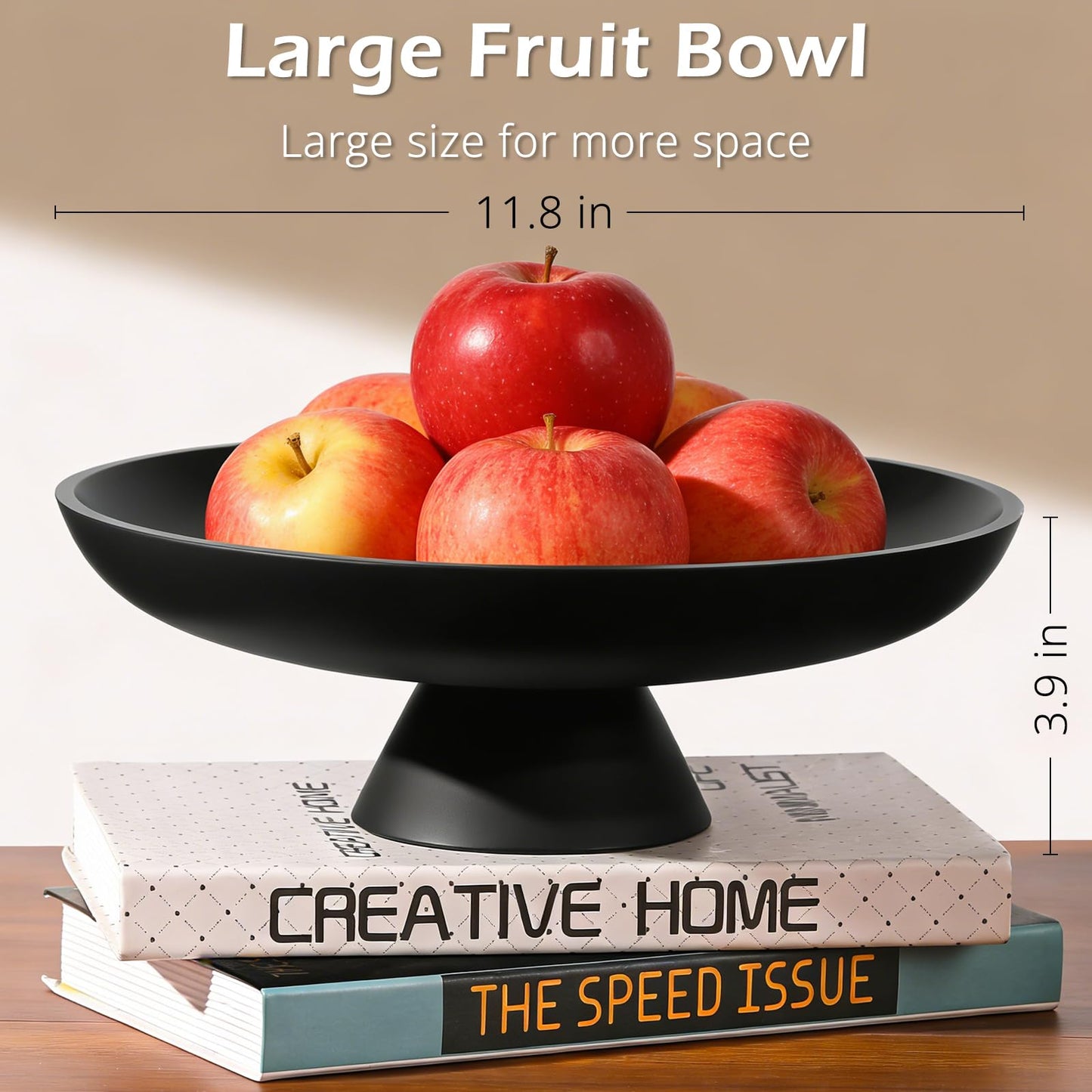 Large Fruit Bowl for Kitchen Counter, Concrete Decorative Bowls for Home Decor, Modern Key Bowl for Entryway Table (Black)