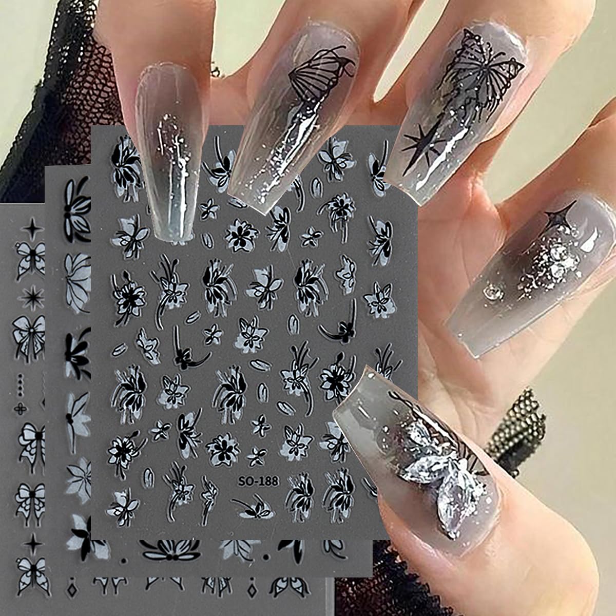 6 Sheets Flowers Nail Art Stickers Black White Bow Flower Decal Nail Decoration Nail Art Supplies 3D Self Adhesive Petal Nail Design Floral Flower Nail Decal Spring Summer Manicure Art Accessories