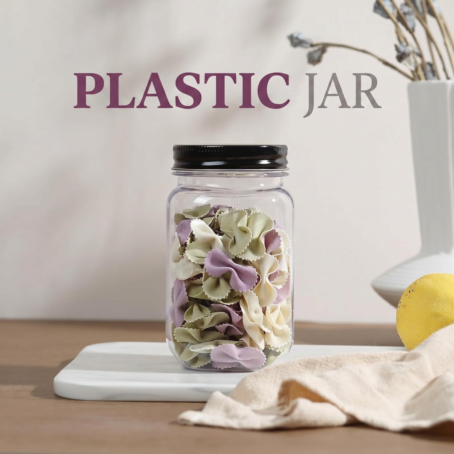 novelinks 16 oz Plastic Mason Jars with Lids, Refillable Clear Plastic Jars with Lids 16oz & Reusable Empty Storage Containers with Lids (Black,8 Pack)