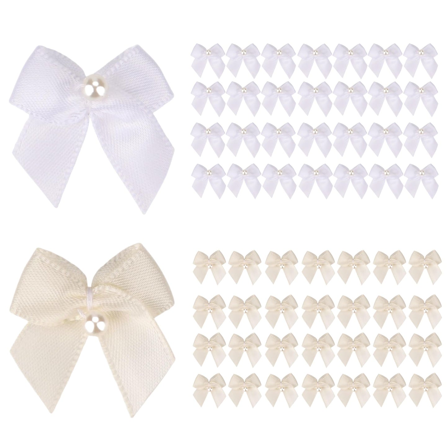 Meseey 60Pcs 2 Inch Mini White Ivory Satin Ribbon Bows with Pearl, Pre-Tied Small Neutral Flower Appliques for Sewing, Scrapbooking, Wedding, Baptism, Gift Wrapping & DIY Crafts