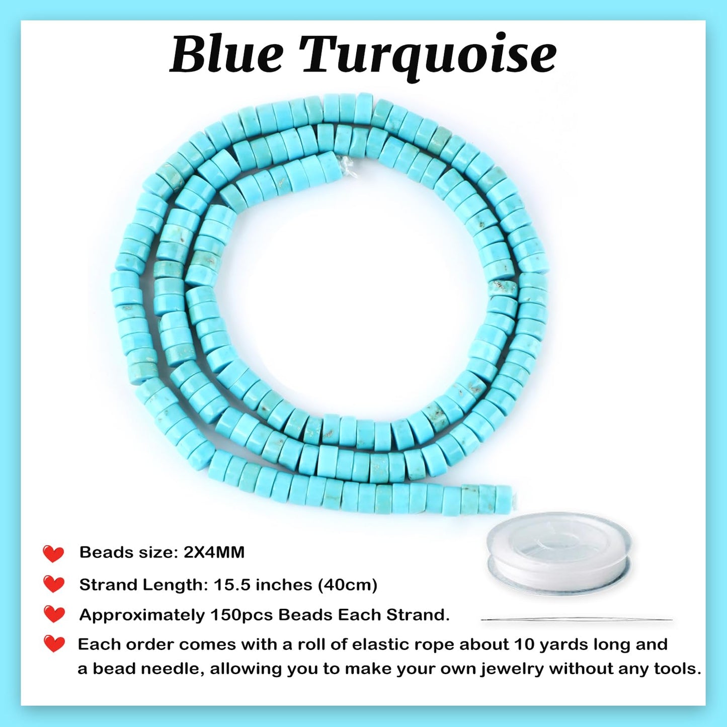 Natural Blue Turquoise Heishi Spacer Beads Loose Semi Precious Flat Round Gemstone Disc Shape Stone for Beading Jewelry Making 4x2mm 15.5"
