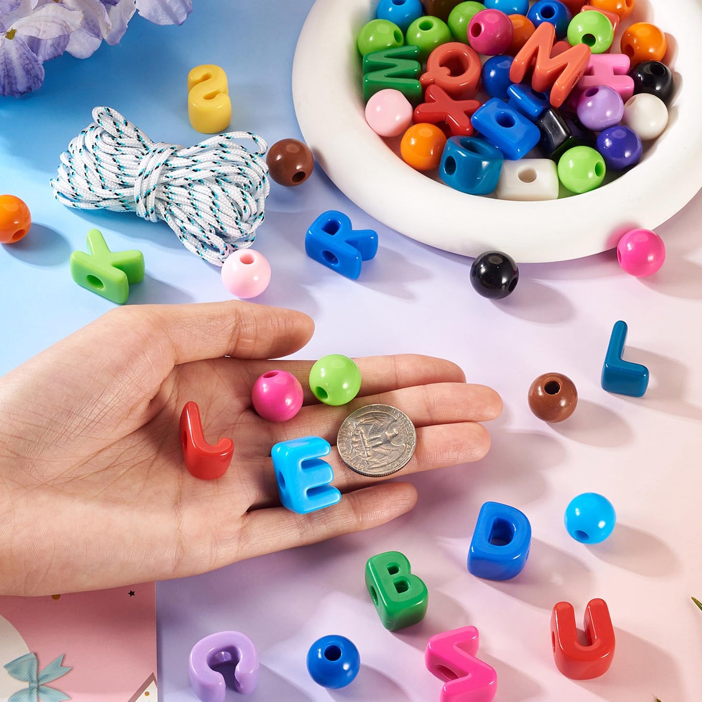 FASHEWELRY 56Pcs European Round Beads Large Acrylic Letter Beads with Large Hole Bracelets Making Kits Plastic Letter Blocks Charms 3D Letters Chunky Bead for Key Chains Necklace DIY Arts Craft