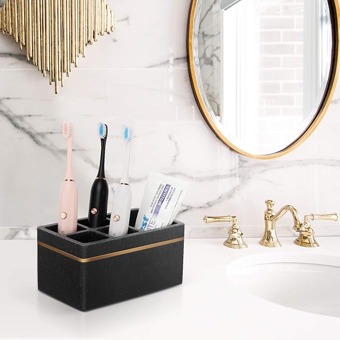 Shinowa Resin Toothbrush Holder, 5 Slots Hygienic Electric Toothbrush Holder Storage Stand Organizer for Toothbrush, Toothpaste, Razor, Gravel Black
