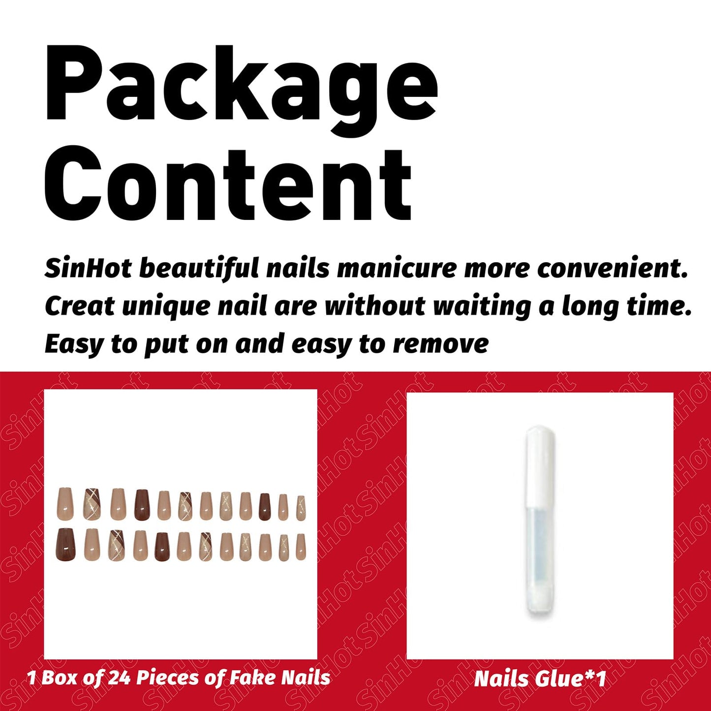 SINHOT Press on Nails - Medium Square Fake Nails, Glossy Finish, Gold Glitter & Brown, DIY Artificial False Nail Art - 24 Pcs Nail Kit with Glue