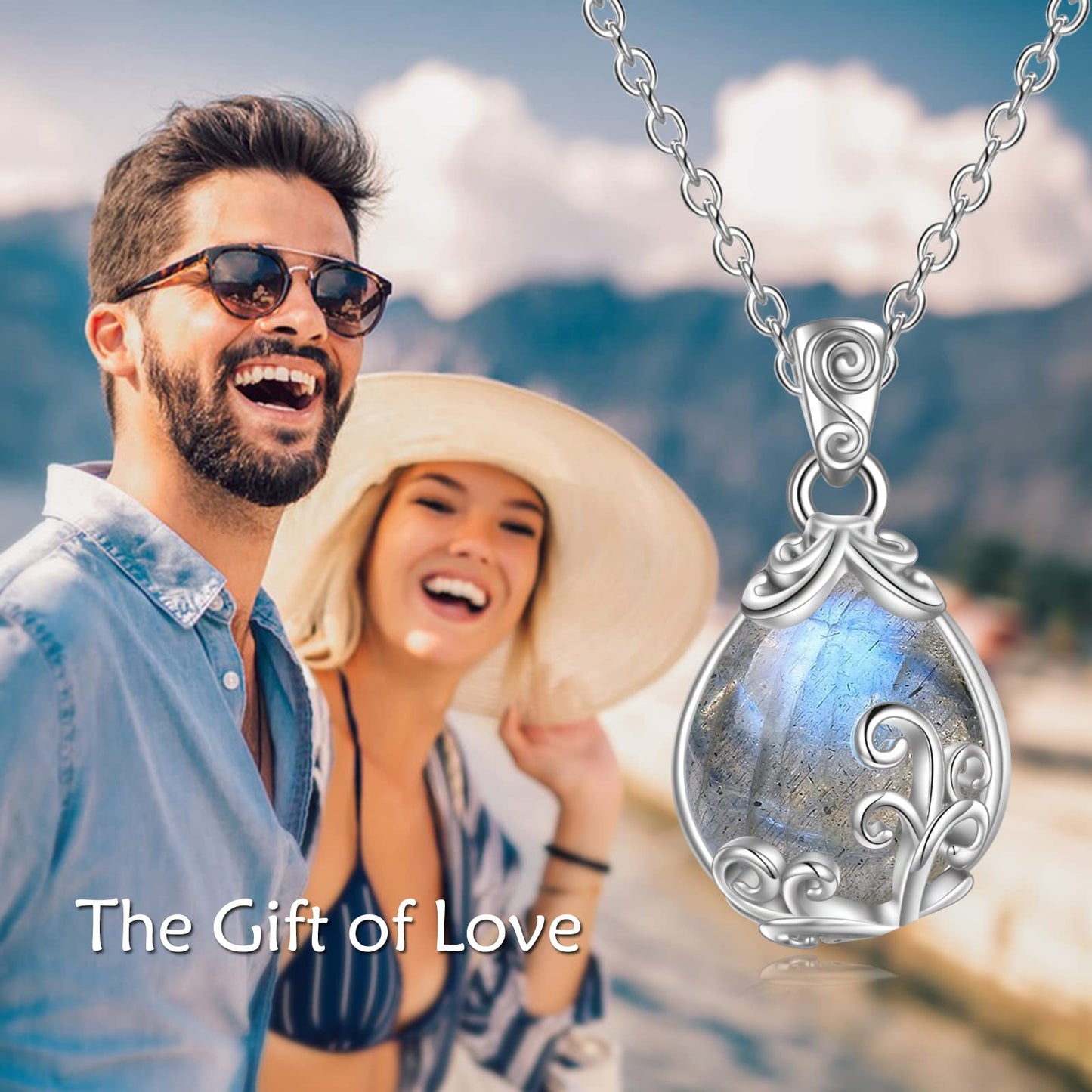 POPLYKE Sterling Silver Labradorite Filigree Teardrop Necklace Jewelry for Women（Small）
