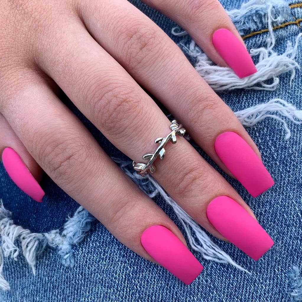 KQueenest Matte Hot Pink Press on Nails Long Medium Square, Neon Pink Fake Nails Medium Coffin, Sheer Color Acrylic Nails Press ons, Reusable Soft Gel Glue on Nails for Women Fall Winter