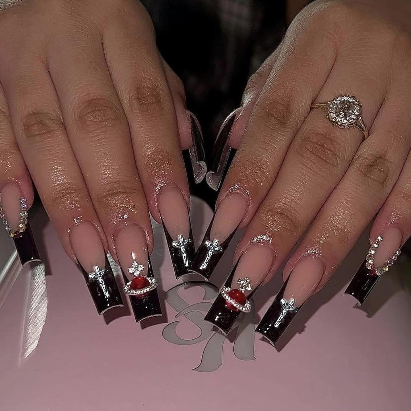 MISUD Press on Nails - Long Coffin Glue on Nails with Goth Black, Acrylic Gothic Cross Design 24 pcs