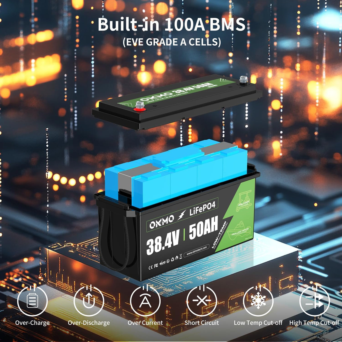 36V 50Ah LiFePO4 Lithium Battery for Trolling Motor Low-Temp Protection Built in 100A BMS Deep Cycle Lithium Battery
