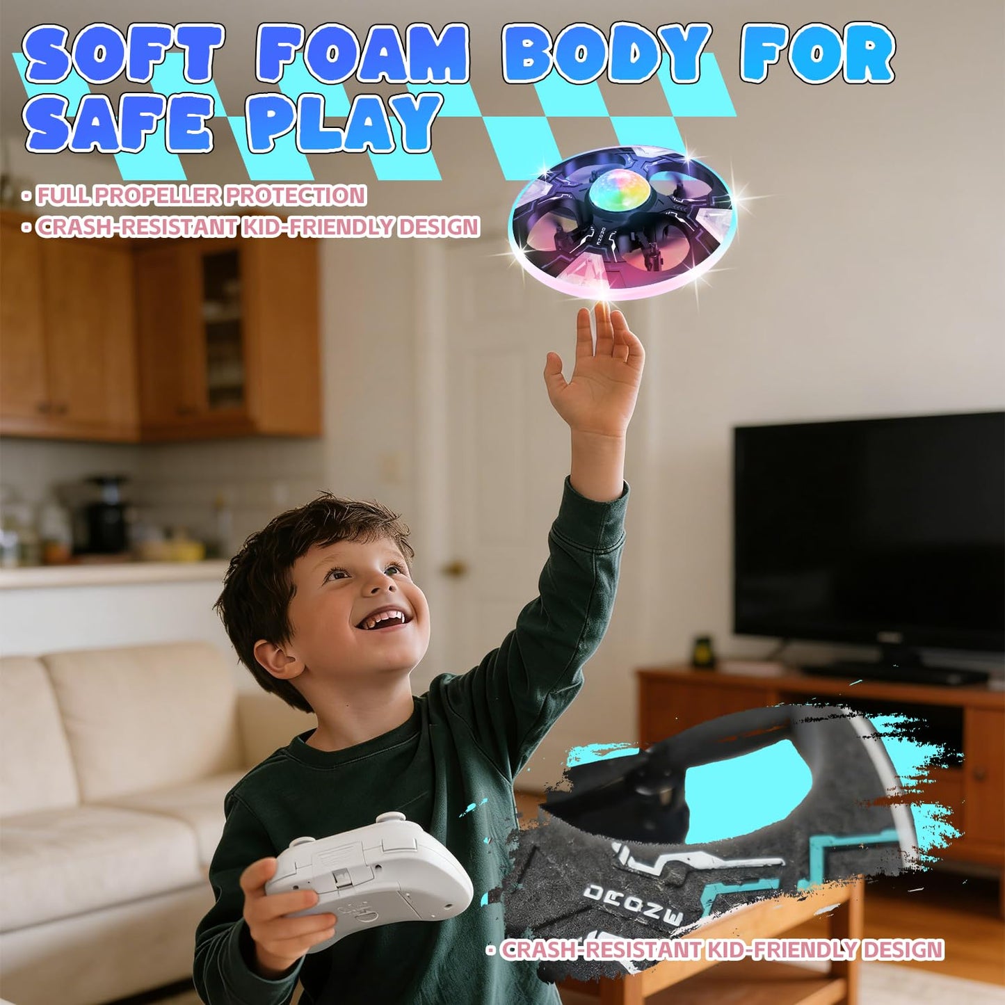 Mini UFO Drone for Kids – Safe RC Toy with 7 LED lighting modes, 360° Flips, Light Projection onto Ceilings, Auto Hover, Hand Gesture, 2 Batteries(14 Min Flight), Ideal Fun Gift for Kids