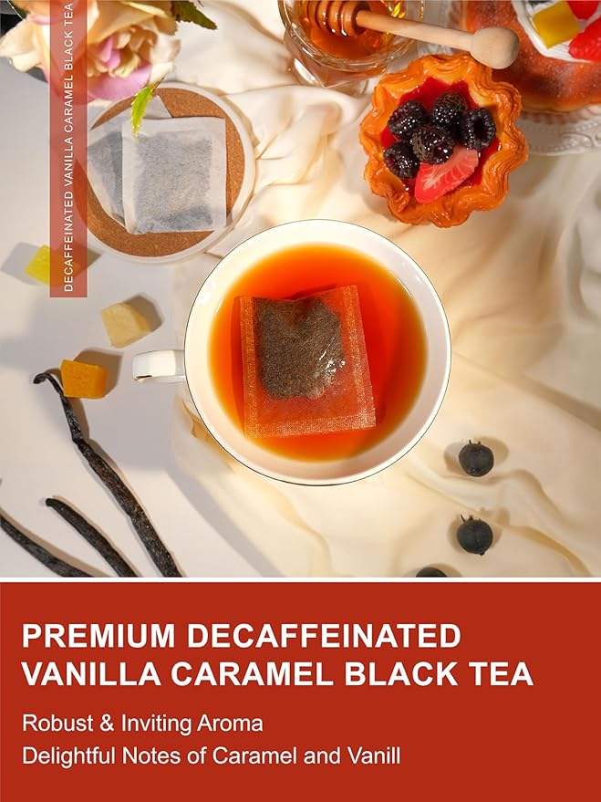 TeeLux Decaf Vanilla Caramel Black Tea Bags, Decaffeinated Black Tea with Vanilla Caramel, Robust & Smooth Taste, 100 Count