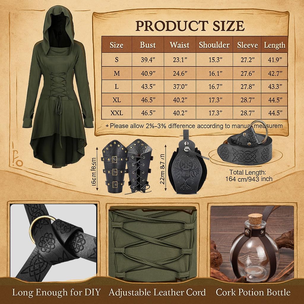 SUMGOGO 8 Pcs Renaissance Womens Costume Medieval Hooded Robe Belt Pouch Arm Bracers Hook Potion Bottole DIY Festival Accessory (Green-Black, M)