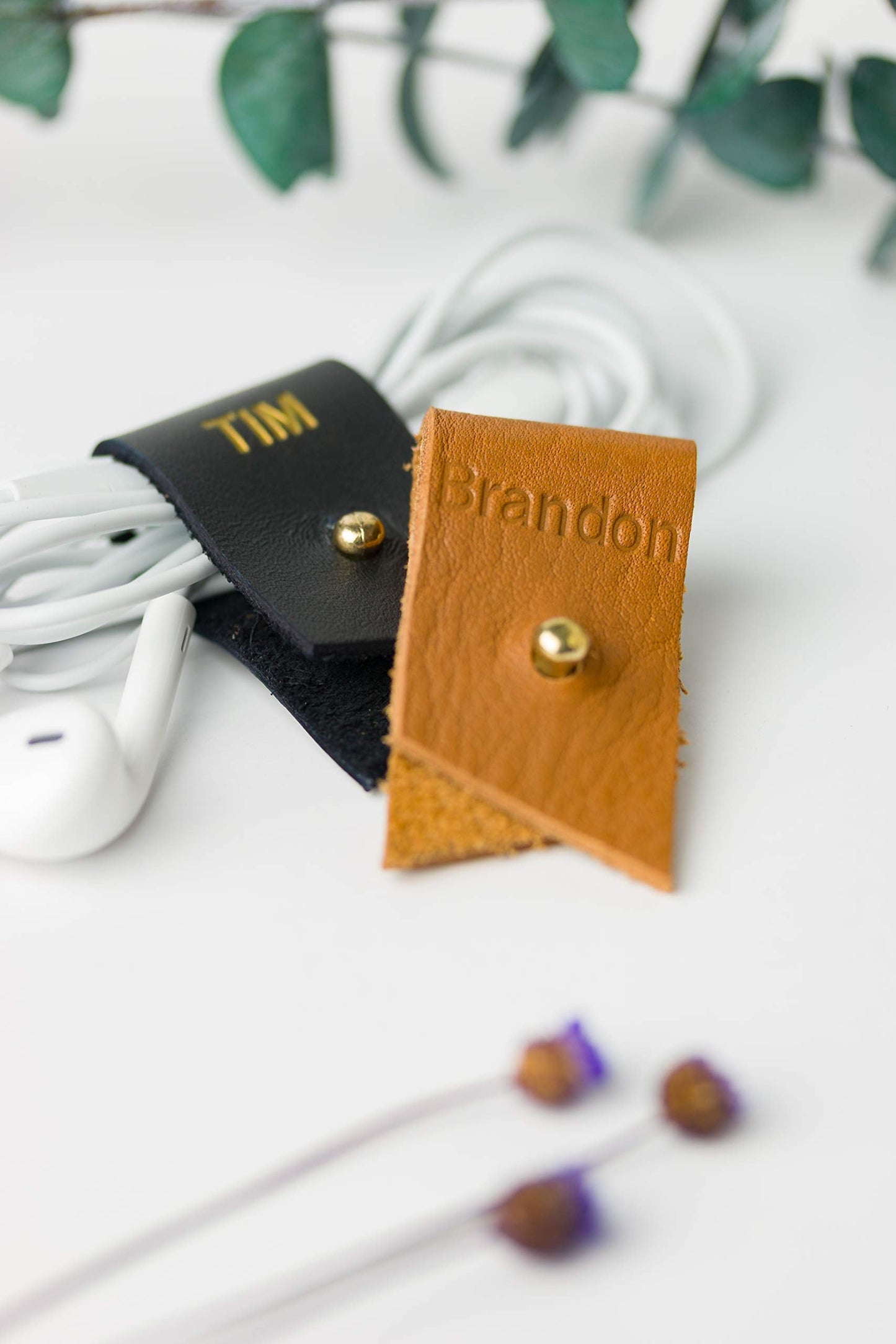 Keyaiira - Personalized Leather Cable Holder with Gold Closure - laptop charging cord keeper customized wire organizer monogram gift ideas tech and travel accessories earbud holder stocking stuffer