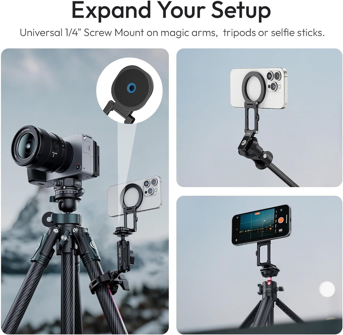 ULANZI MA50 Magnetic Phone Holder for Magsafe, Aluminium Adjustable Dual Magnetic Phone Tripod Stand with 1/4" Screw Hole for Selfie Sticks, Magic Arm, Compatible with iphone12 13 14 15 16 Series