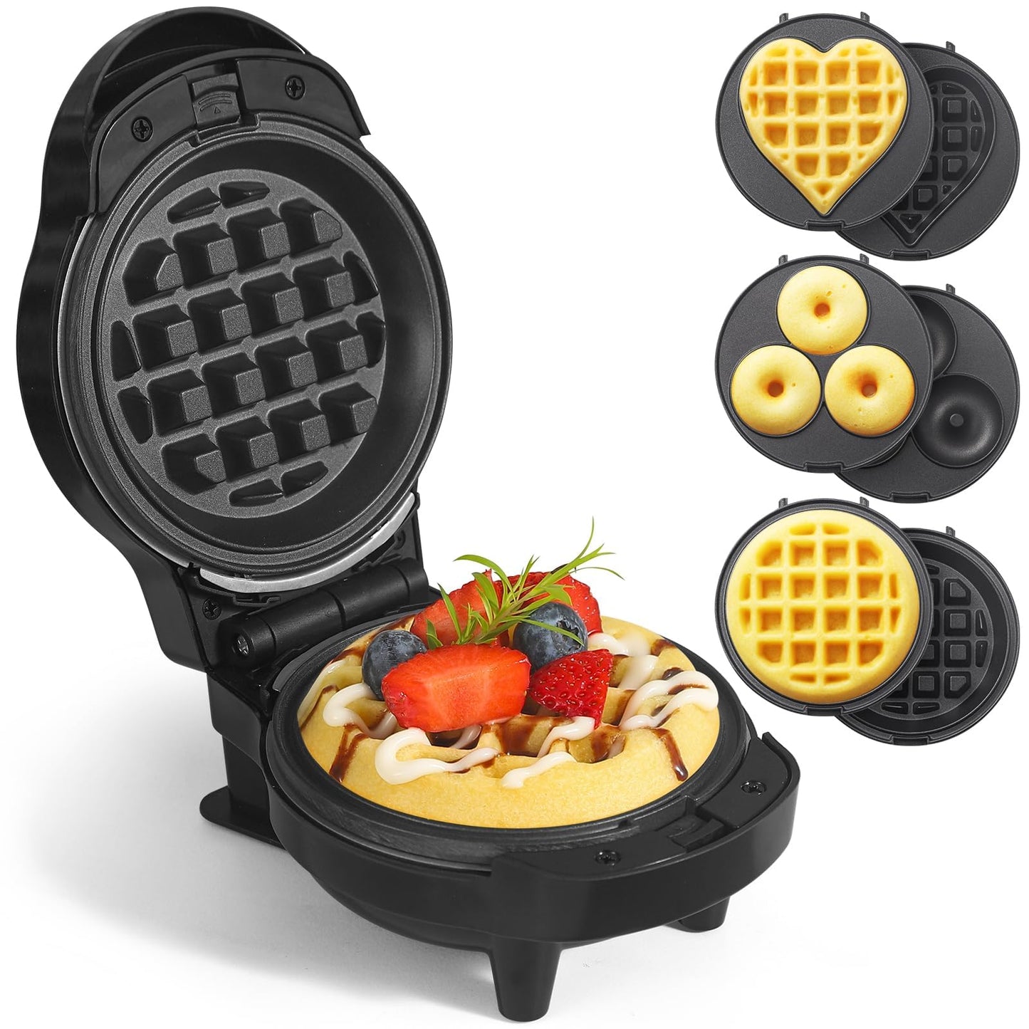 UVFAST Mini Waffles Maker with 6 Removable Plates, 3 in 1 Small Waffle Maker Mini- Waffle, Heart Waffle, Donut, 4.5" Non Stick Waffle Iron for Kids and Families, Black