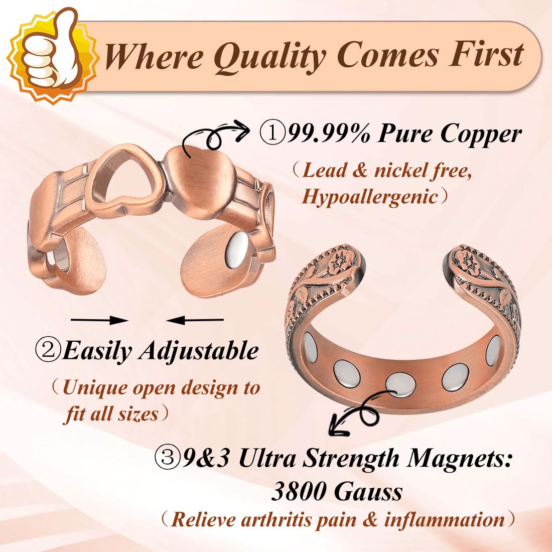 Cigmag 9X Magnetic Rings for Women, with Powerful Magnets, Adjustable Solid Pure Copper (Copper Plum & Love)