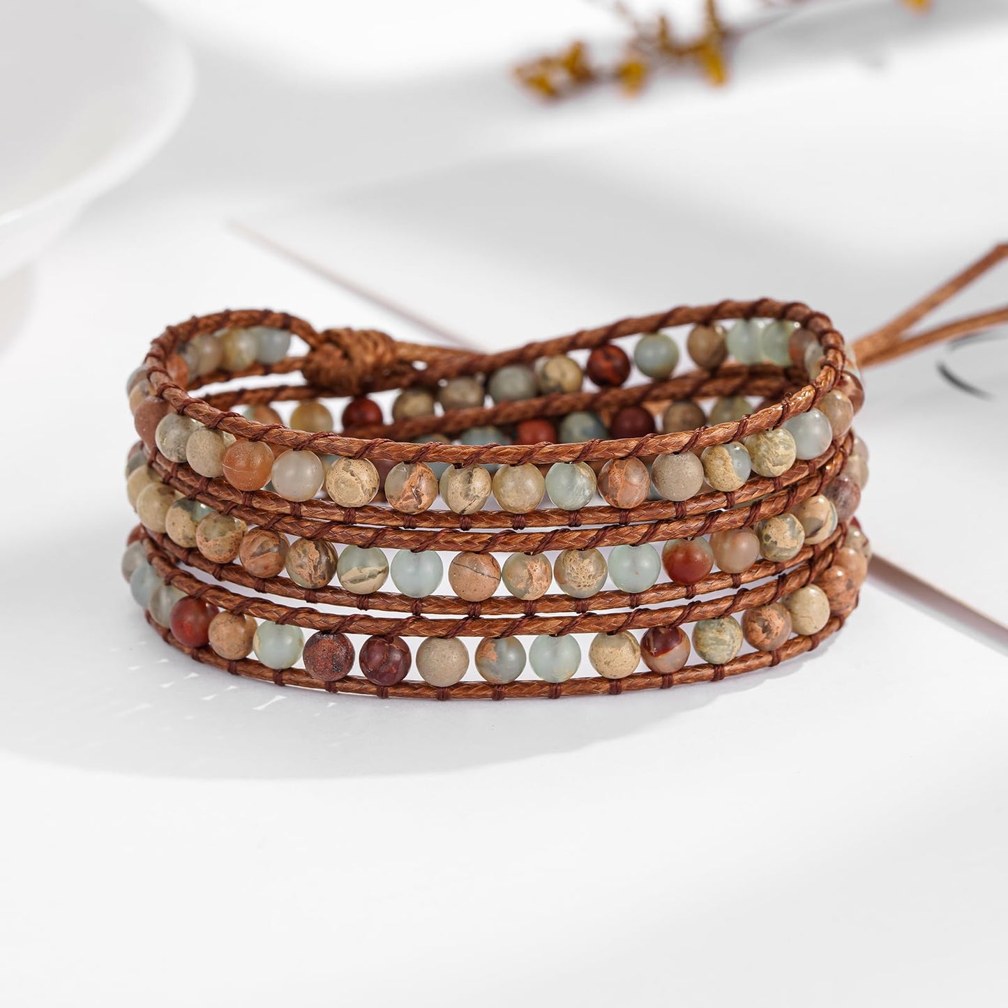 Plumiss Women Unique Natural Agalmatolite 4mm Bead Healing Stone 3 Wrap Bracelets Gift