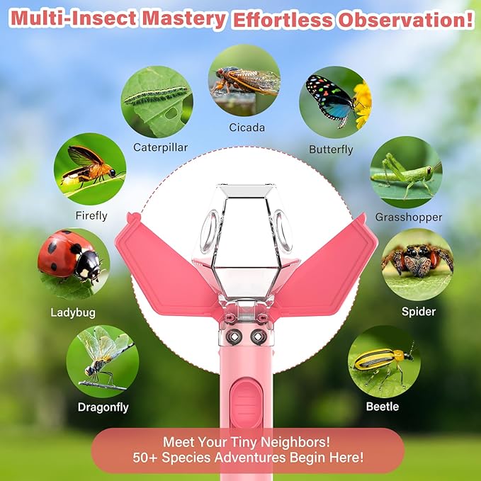 Bug Catcher for Kids, Insect Trap Kit with 6X Magnifier Glass - STEM Educational Exploration Tool for Indoor and Outdoor,Christmas Birthday Gift Toys for Adults, Boys, and Girls,Pink