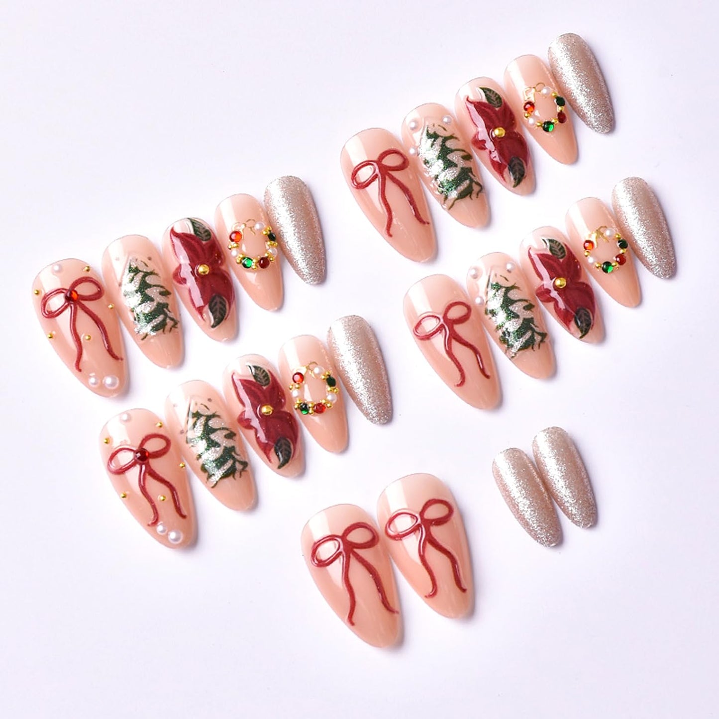 24Pcs Shiny Christmas Press on Nails Medium Almond Fake Nails 3D Rhinestones Pearls Wreath Charms Design Red Flower False Nails Bow Glue on Nail Xmas Tree Acrylic Nails for Women Holiday Nail Decor