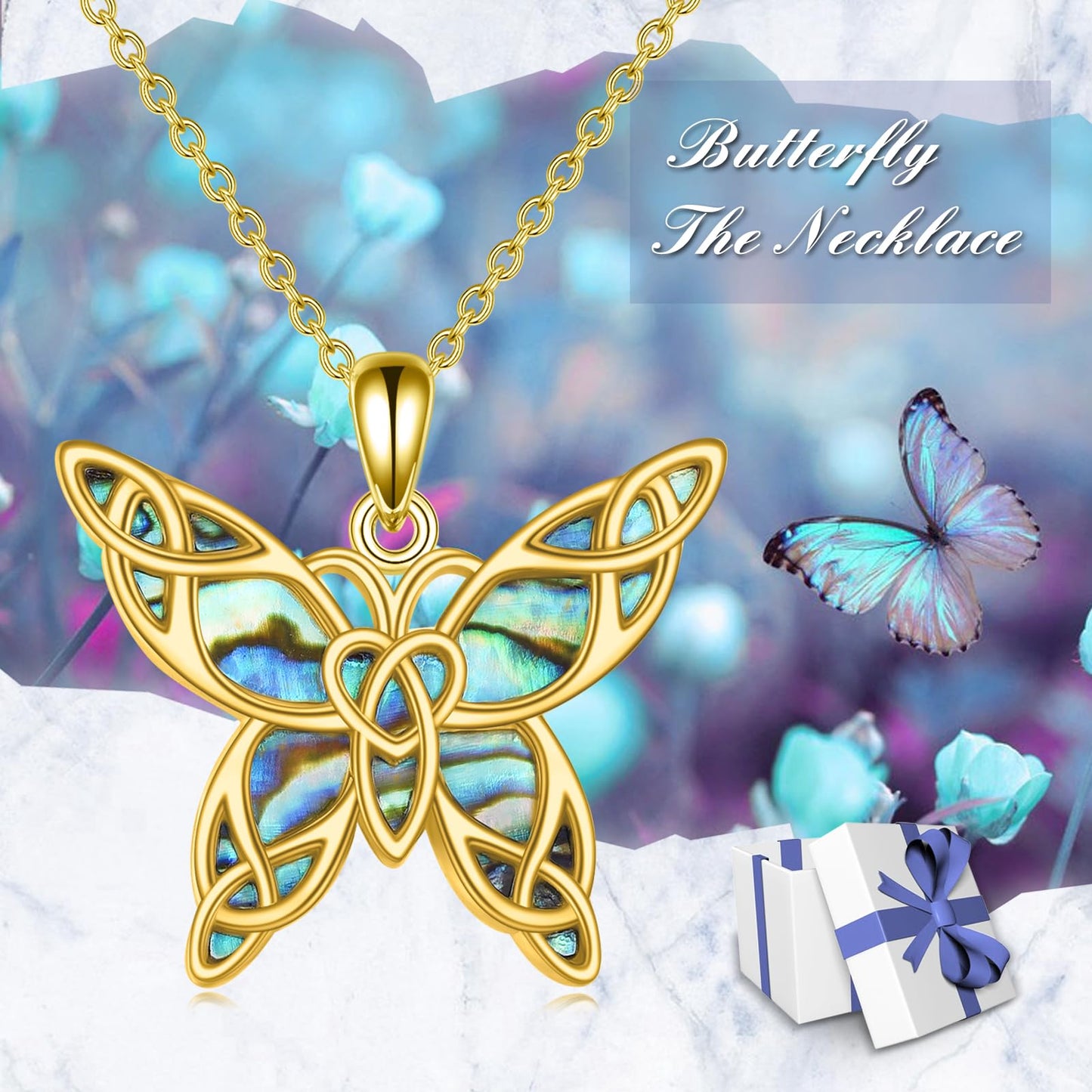 KQF Celtic Butterfly Necklace for Women Sterling Silver 18K Gold Butterfly Jewelry Gift for Women Abalone Shell Pendant