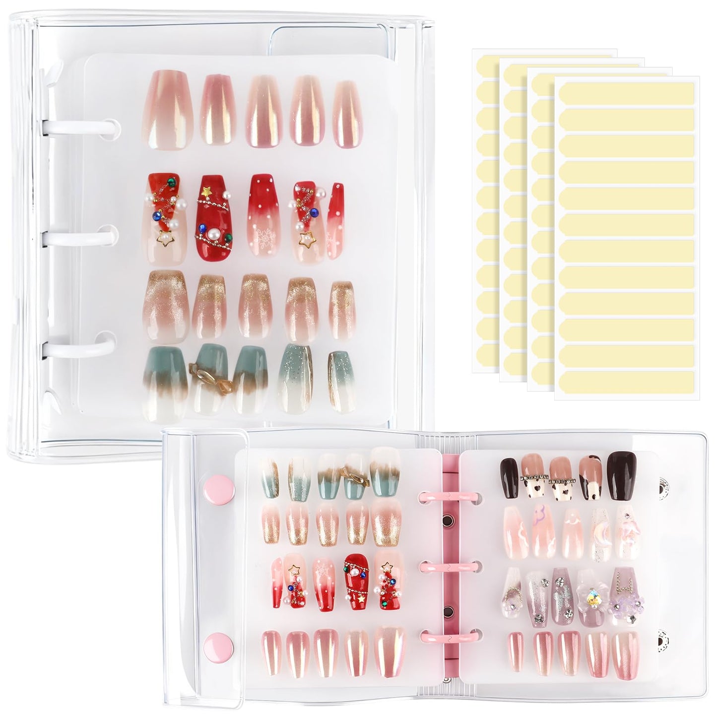 ASTONFOG Press On Nail Organizer, 2Pcs Press On Nail Binder Book with 12 Insert Pages-A8 Sized & Double Sized Tape, Fake Nails Swatch Display Collecting Storage Book(Pink+White)