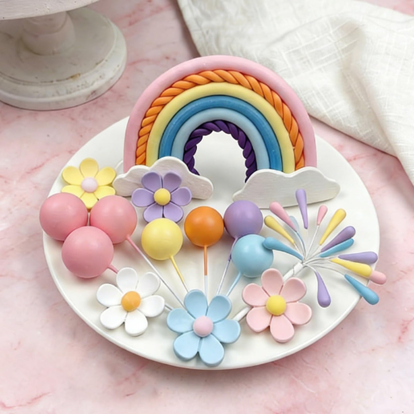 Rainbow Cake Topper 39pcs Rainbow Cake Decorations with Pastel Balls Topper Daisy Flower Cupcake Decroation,Boho Party Decorations for Groovy Hippie Birthday Wedding Baby Shower Cupcake Decorations