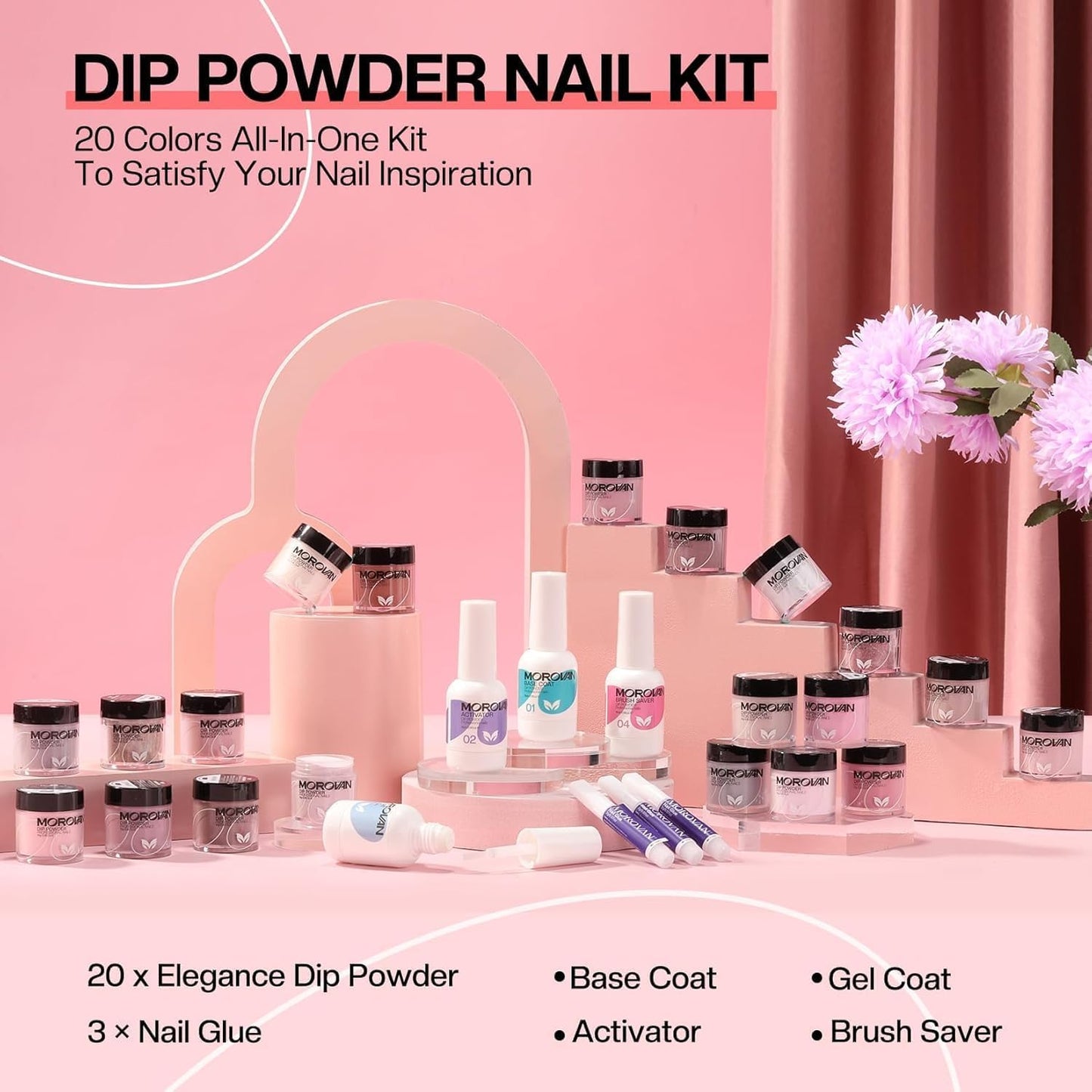 Morovan Dip Powder Nail Kit: 20 Colors Starter Set With Dip Powder Liquid Set for Nail Art DIY at Home