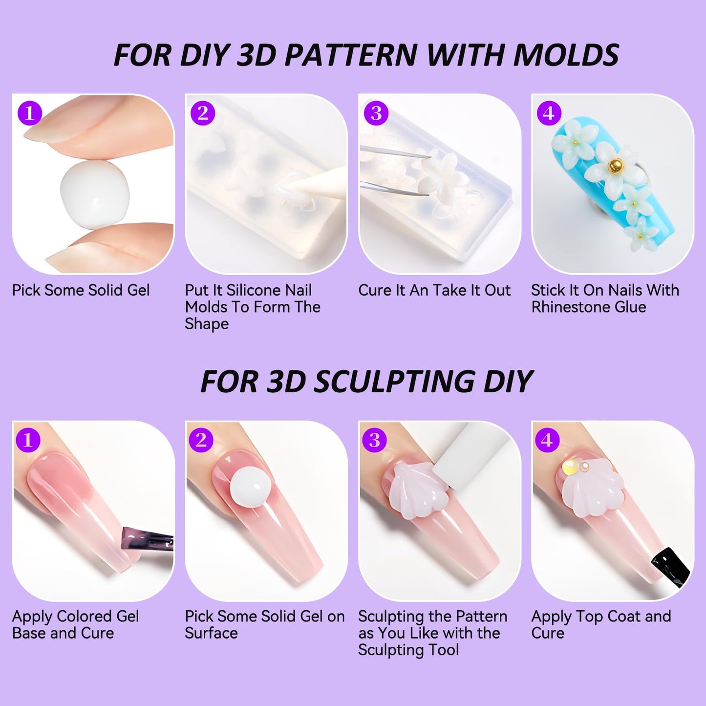 Makartt 3D Gel Nail Art for Nails Starter Kit: Clear and White 3D Sculpting Gel Non-Sticky Molding Carving Glue Extension Builder DIY Manicure Gold & Silver Chrome Powder Solid Soak Off Hard Gels