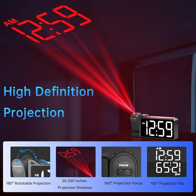 Peakeep Projection Alarm Clock for Bedroom Ceiling with Colorful Nightlight